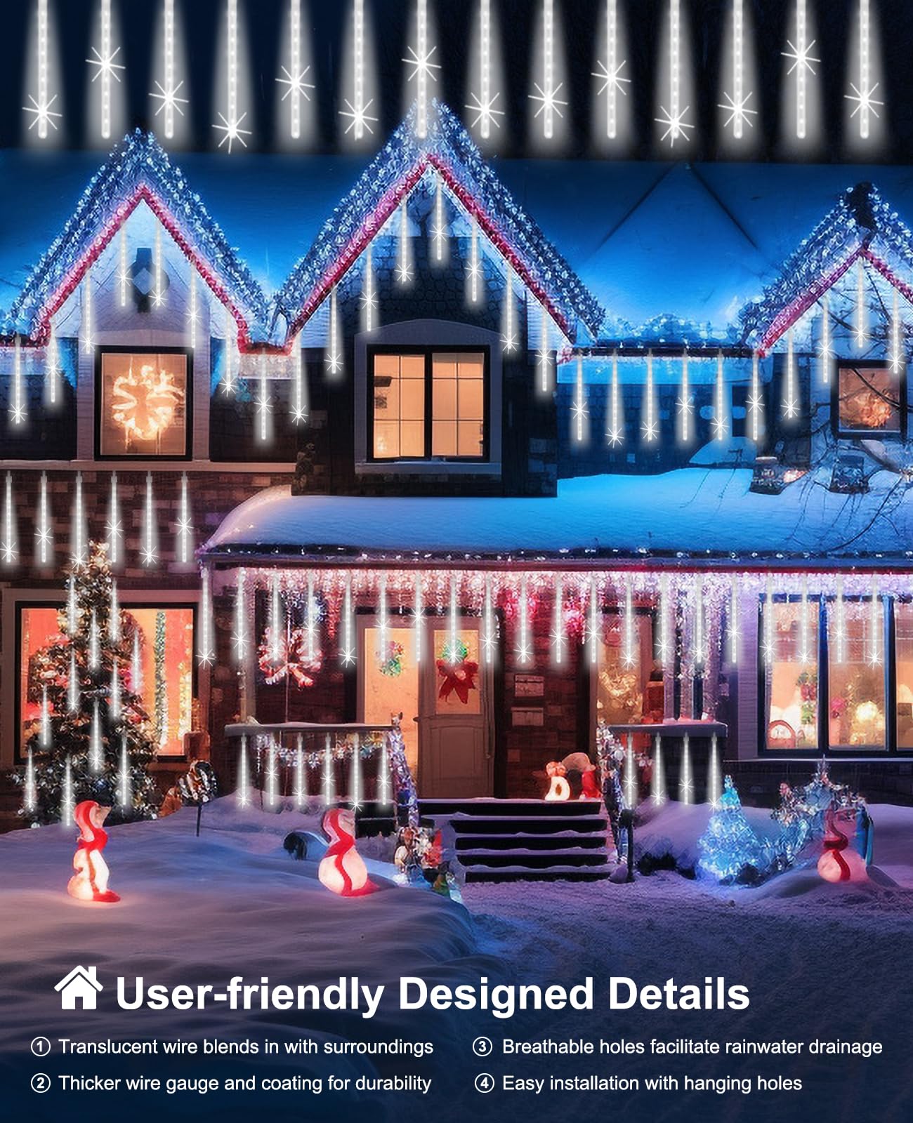 EAGWELL Christmas Lights Outdoor 12 Inch 10 Tubes Meteor Shower Light LED Falling Rain Drop Lights Icicle Cascading Xmas String Decor for Tree Wedding Party Garden Easter Light Decoration,Shine White