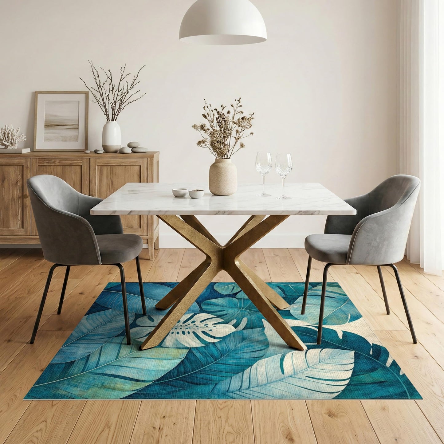 ODIKA Flatwoven High Traffic Area Rug 5x7, Tropical Breeze Mosaic with Monstera and Areca Leaf Interplay, Non Slip, Stain Resistant, Washable Area Rugs for Living Room, Bedroom (Teal, 5x7)