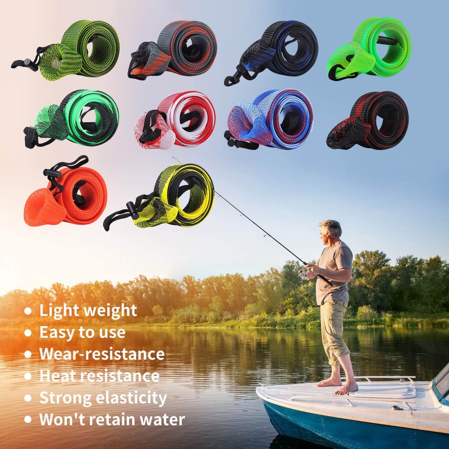 NATRUTH Rod Sock Fishing(10pcs)，Rod Sleeve Rod Covers 67inches/74.8inches Braided Mesh with Lanyard Rod Protector Pole Gloves Fishing Tools. Flat or Pointed End/Spinning for Casting Sea Fishing Rod