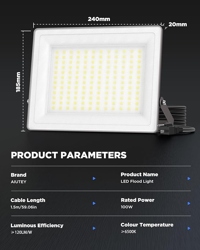 100W LED Flood Light with Frosted Glass, Soft Light, 12000LM, IP66 Waterproof, 6500K Daylight, Outdoor Security Light for Backyard Stadium Lawn (100W2P)