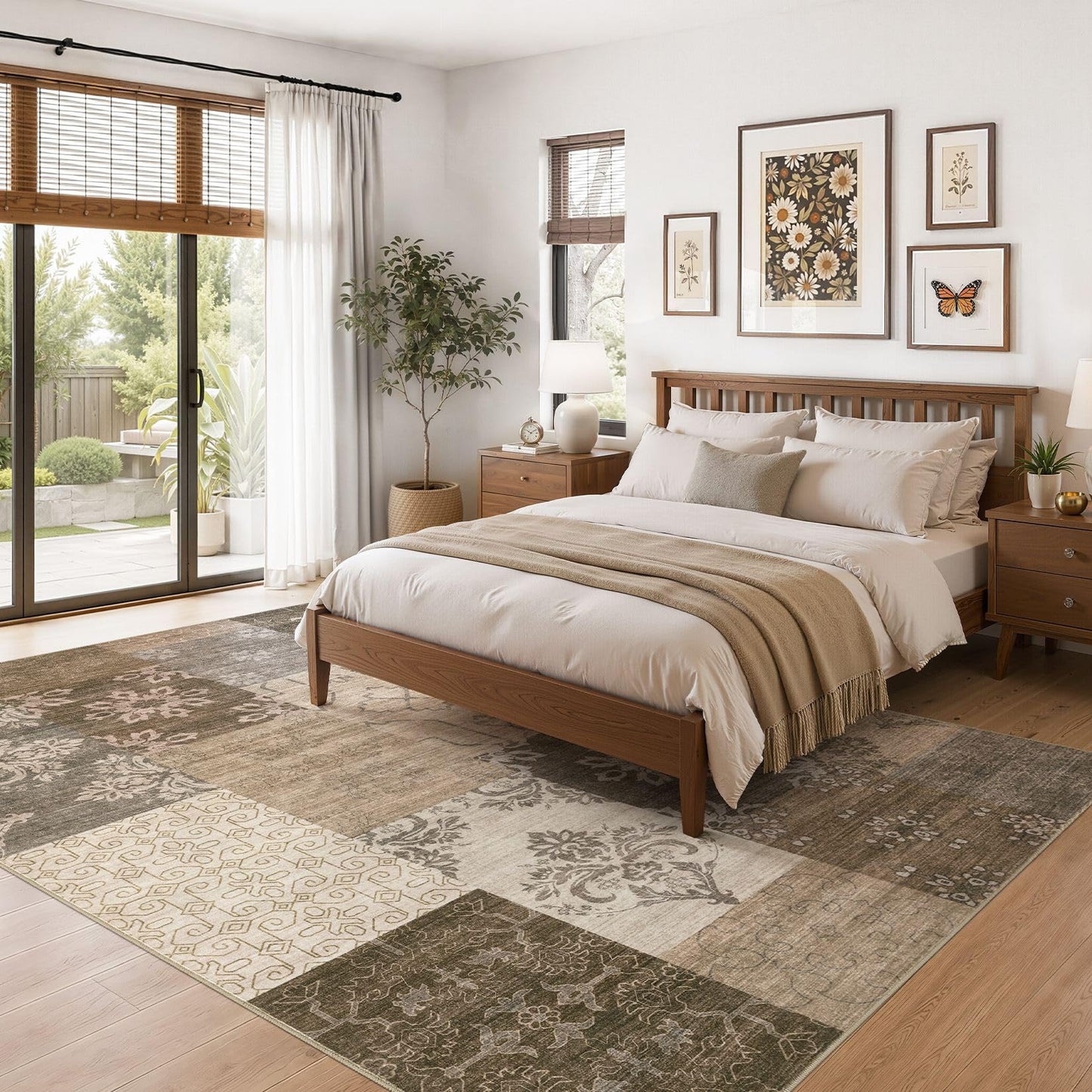UERMEI 6x9 Area Rug for Living Room, Washable Brown Modern Geometric Patchwork Non Slip Stain Resistant Low Pile Foldable Carpet for Bedroom Dining Farmhouse Home Office