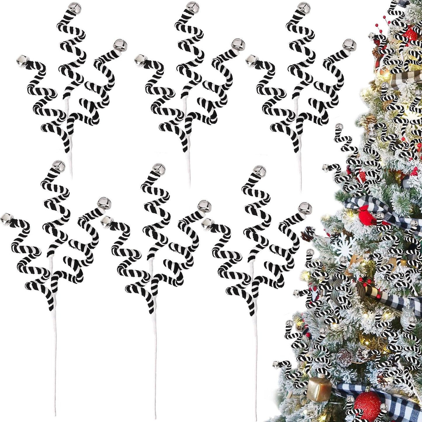 RINOLY 6 Pcs Christmas Tree Topper,17 in Black and White Candy Cane Christmas Decorations,Woolen Bells Curly Christmas Tree Picks Xmas Ornaments for Tree Decors Vase Filler Garland
