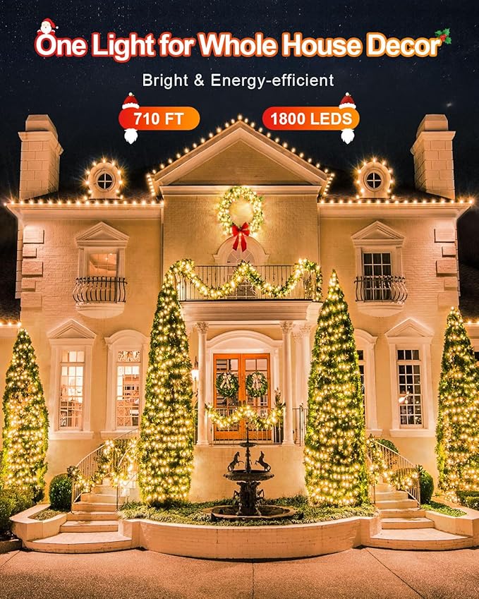 Total 710FT 1800 LED Christmas Lights, 2 Packs 900 LED Outdoor String Waterproof, Timer & Memory, 8 Modes Dimmable Plug in Fairy for Outside Tree Holiday Party Wedding Decor, Warm White