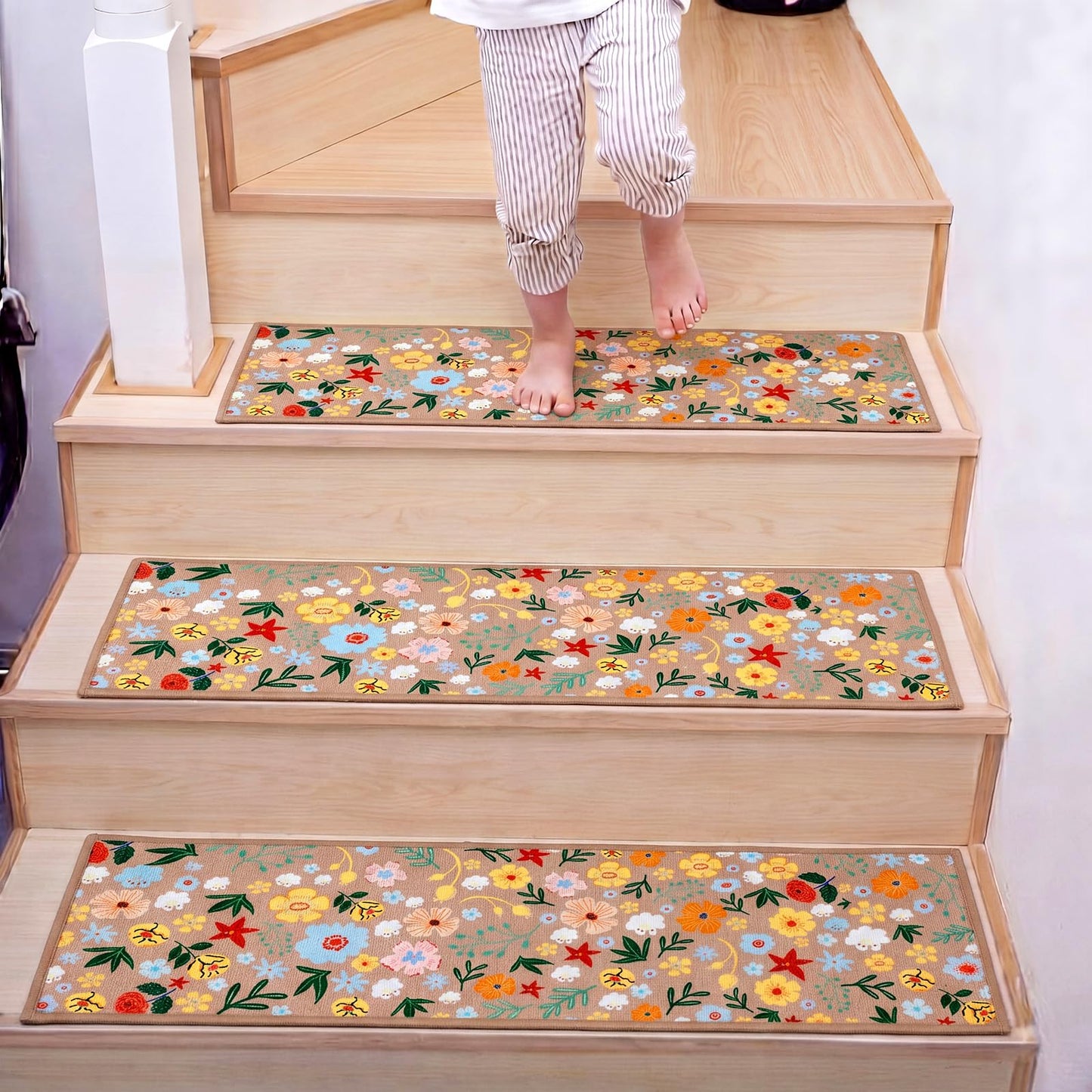 Dunzy 4 Pcs Floral Linen Stair Treads for Wooden Steps Indoor 9 x 28 Inch Non Slip Stair Runner Rugs Reusable Safety Mat with TPE Adhesive Backing, Staircase Step Treads for Kids, Elders and Dogs