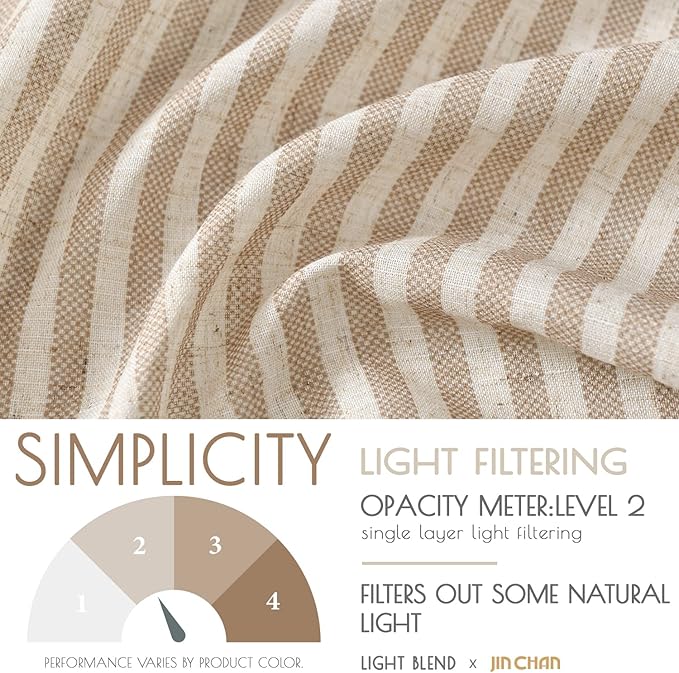 jinchan Tab Top Linen Kitchen Curtains 24 Inches Striped Tier Curtains Farmhouse Modern Cafe Style Small Window Treatments Airy Light Filtering Rod Pocket for Living Room Bathroom 2 Panels Tan