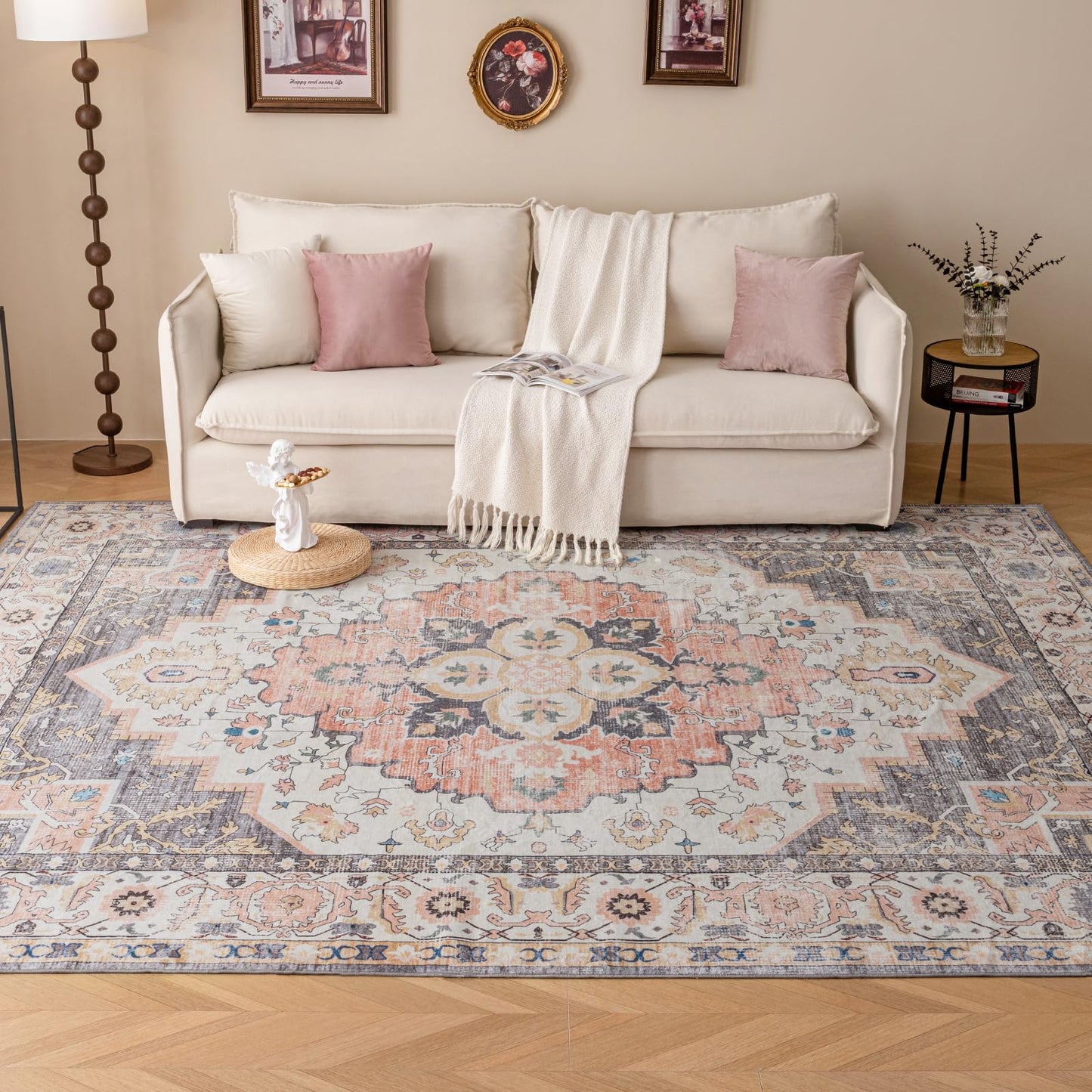VK VK·LIVING Machine Washable Rug 5'x7' Vintage Design Washable Area Rugs with Non Slip Rugs for Living Room Bedroom Traditional Woven Carpet Stain Resistant, Dining Office Boho Rug (Mistyrose)