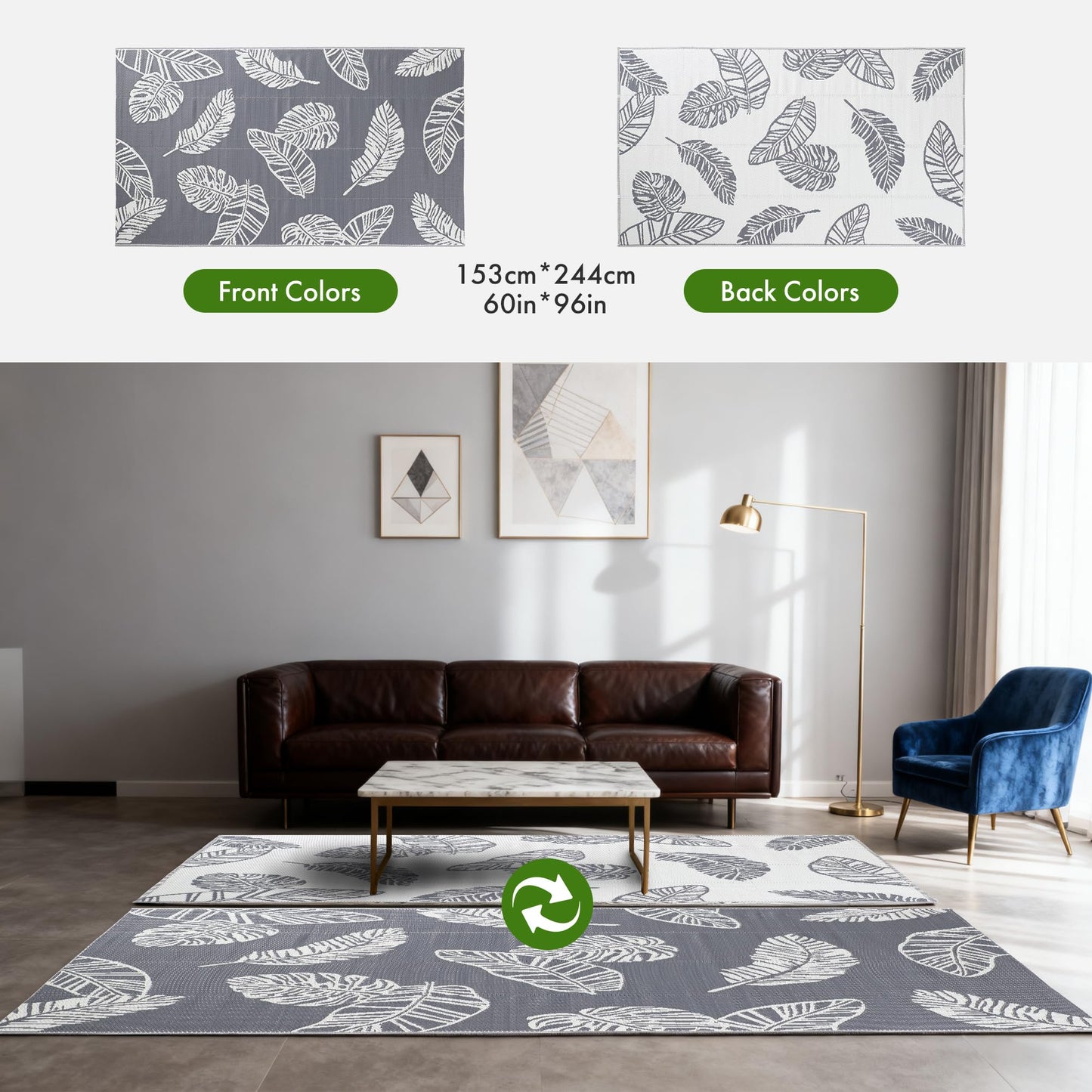 olofable ‌Reversible Waterproof Outdoor Rug – Lightweight UV-Resistant Rug for Patio, Camping & Beach (Grayish-White Leaves, 5' x 8' (Rectangular))