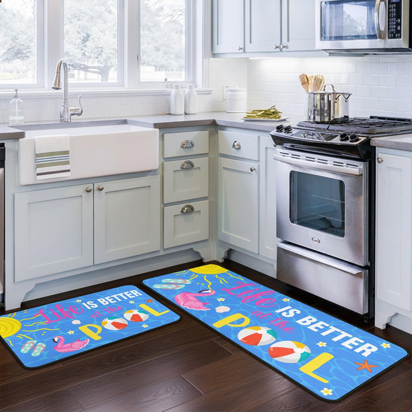 flippana Summer Kitchen Rugs and Mats for Floor, Summer Decorations for Home, 2 Pcs Non-Slip Backing Life is Better at The Pool Mat Rug Sets with Runner 17"x47.2"+17"x30"