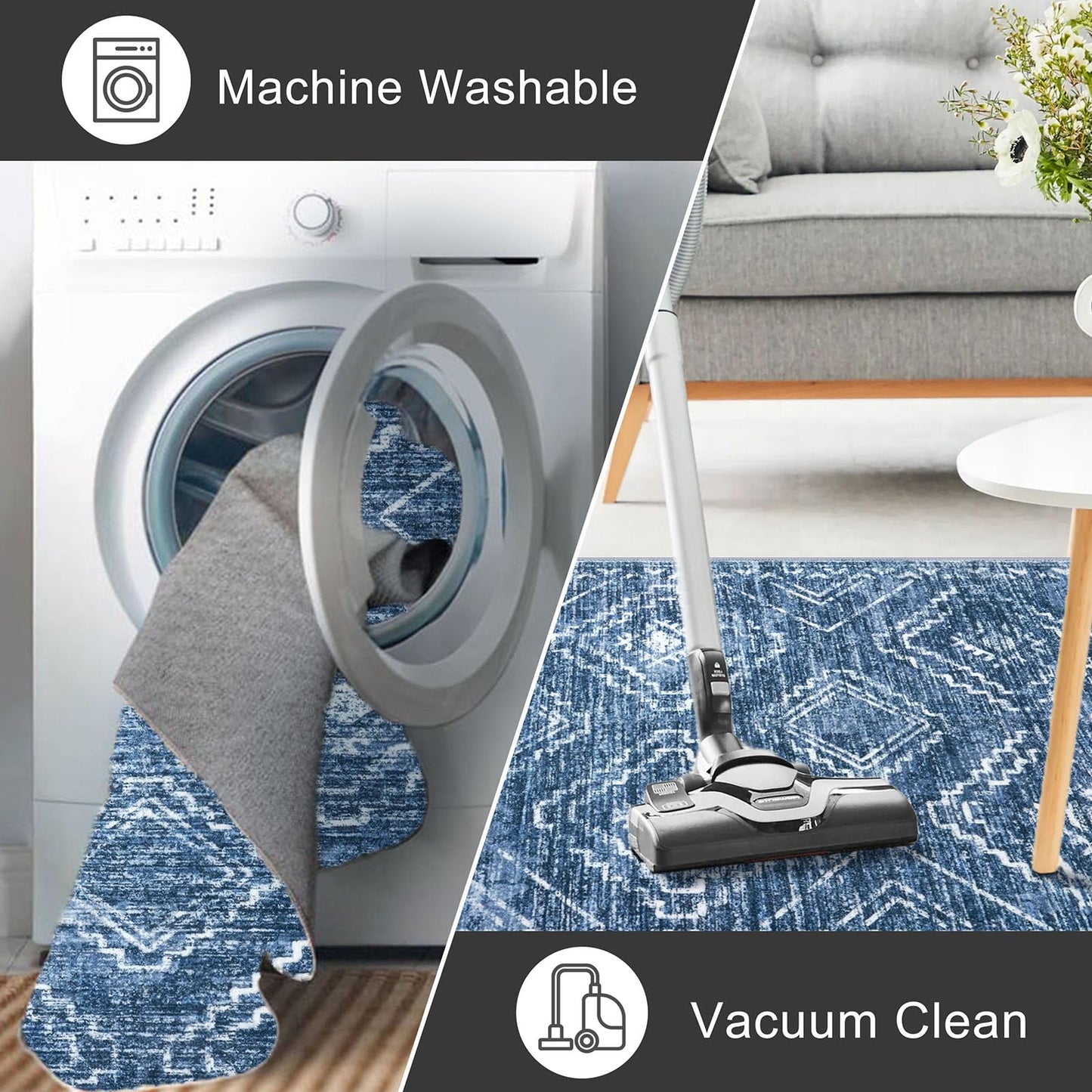 KILOCOCO Runner Rug 2x6 Non Slip Washable Runner for Hallway Kitchen Runners Soft Printed Low-Pile Machine Washable Foldable Floor Blue Runners Rug for Entryway Bedroom Living Room Bathroom