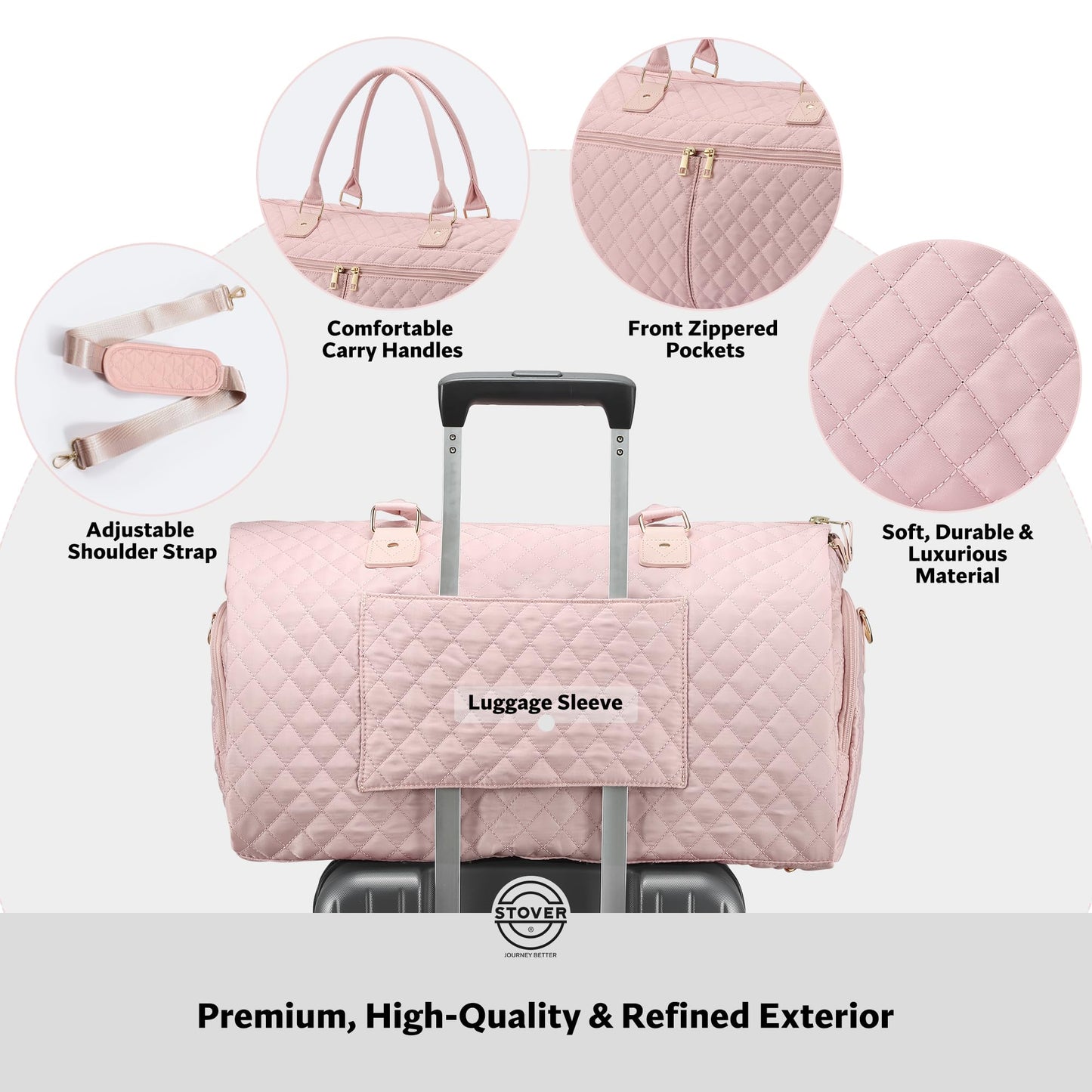 STOVER Women’s Convertible Garment Duffel Bag for Travel – 2-in-1 Carry-On Weekender/Overnight Tote - Wrinkle-Free Dresses, Suits & Clothes + Shoe Compartment & Bonus Toiletry Bag (Blush Pink)