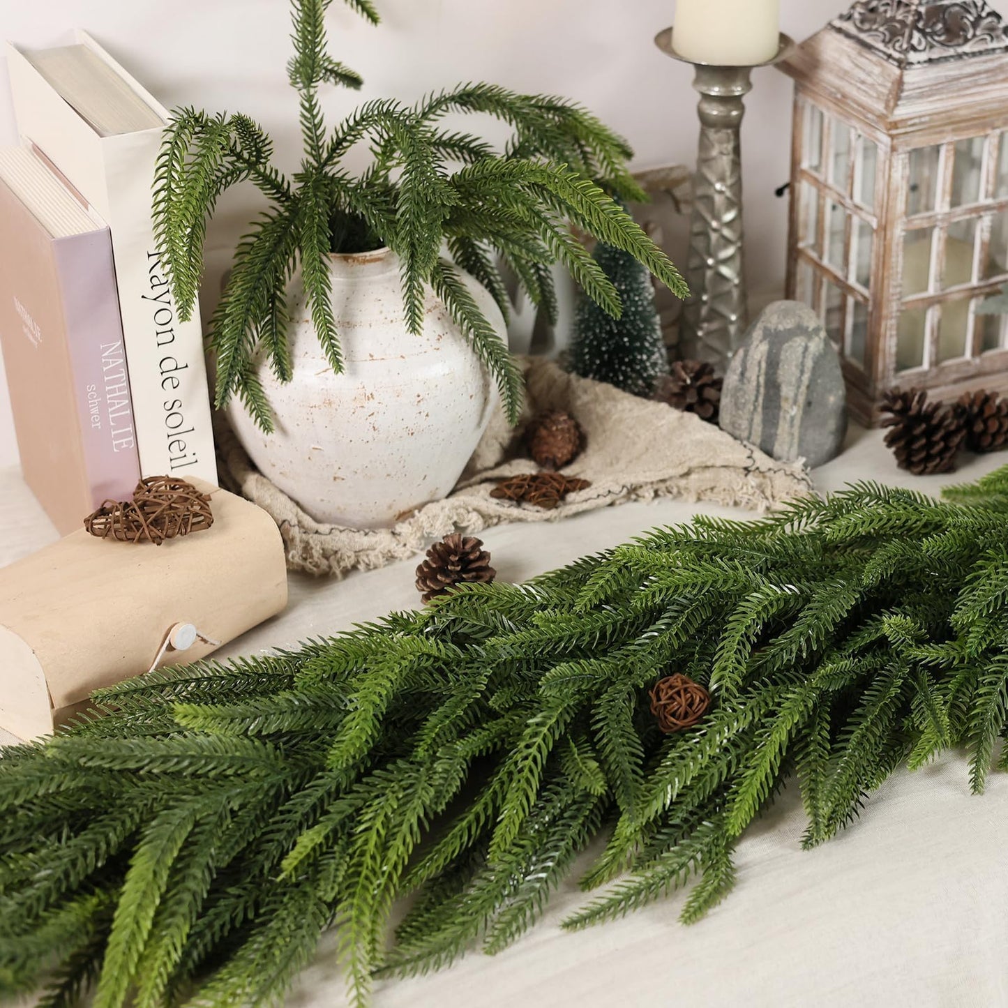 Christmas Norfolk Pine Garlands - 5ft Artificial Garland Faux Green Fake Pine Needles Garland for Fireplace,Table,Window,Stairs,Mante,Holiday Indoor Outdoor Xmas Decor(2PCS)