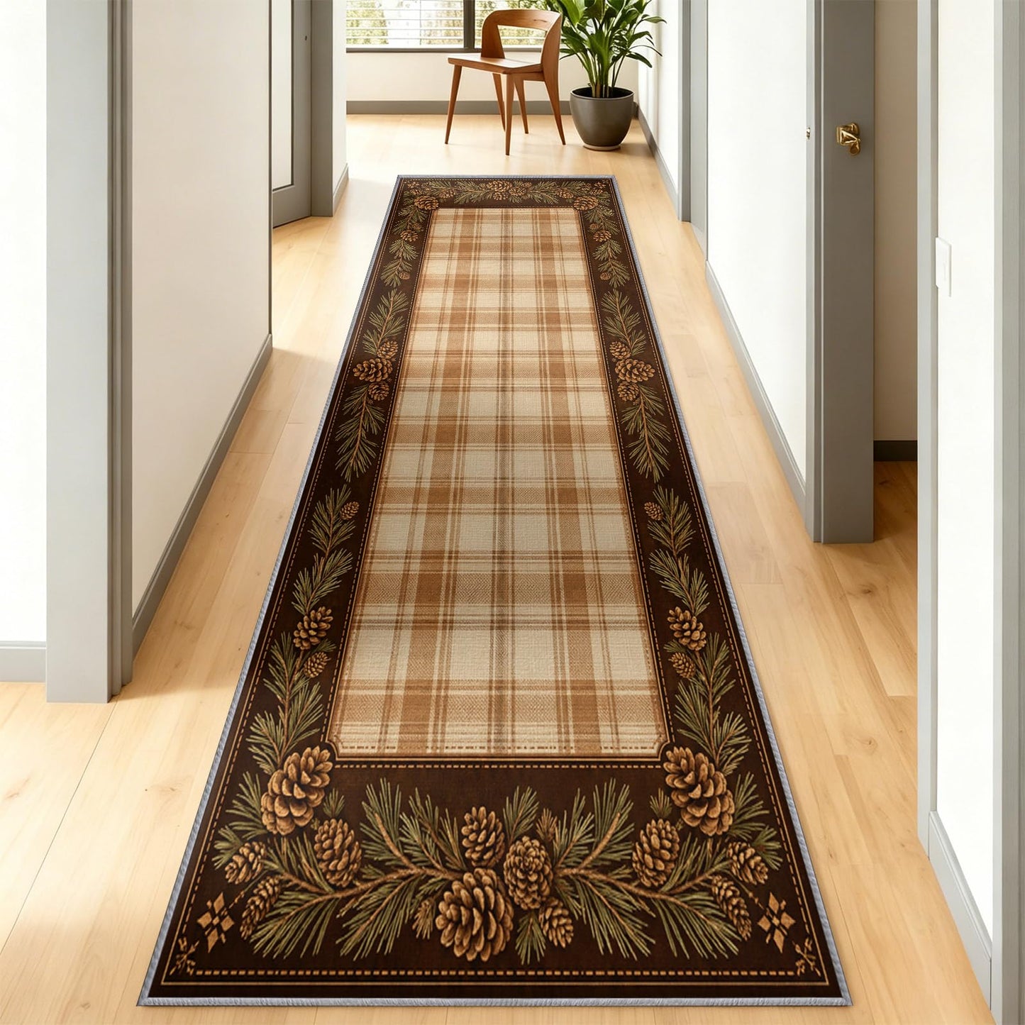 Rustic Cabin Runner Rug 2x10 Earth Tone Plaid Hallway Runner Rug, Pinecone Plaid Border Rugs, Western Rugs for Hallway, Non-Slip Washable Low Pile Entryway Carpet for Kitchen Living Room Bedroom