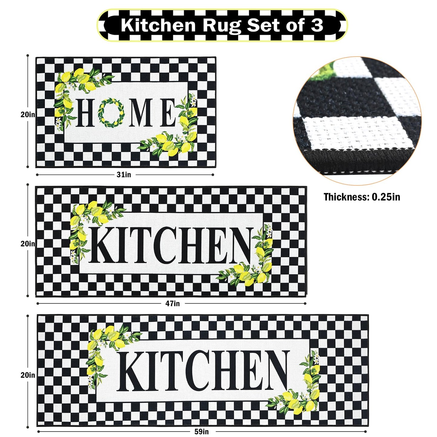 PCSWEET HOME Black and White Checkered Kitchen Rugs Washable Non Slip Lemon Kitchen Rugs Set of 3 Checkered Door Mat Indoor