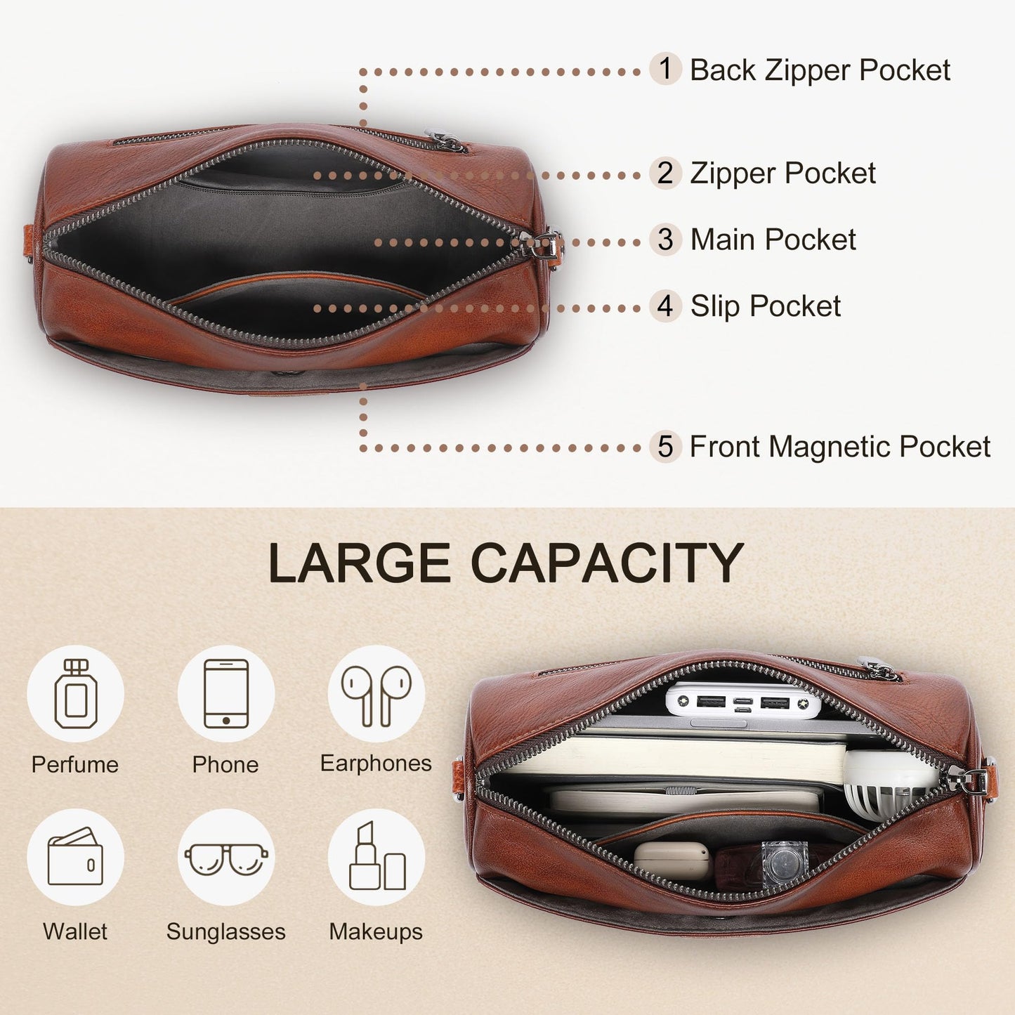 Genuine Leather Crossbody Purses Bag for Women,Travel Casual Handbag Bag, Small Shoulder Cross body Purse with Two Adjustable Straps(Brown)