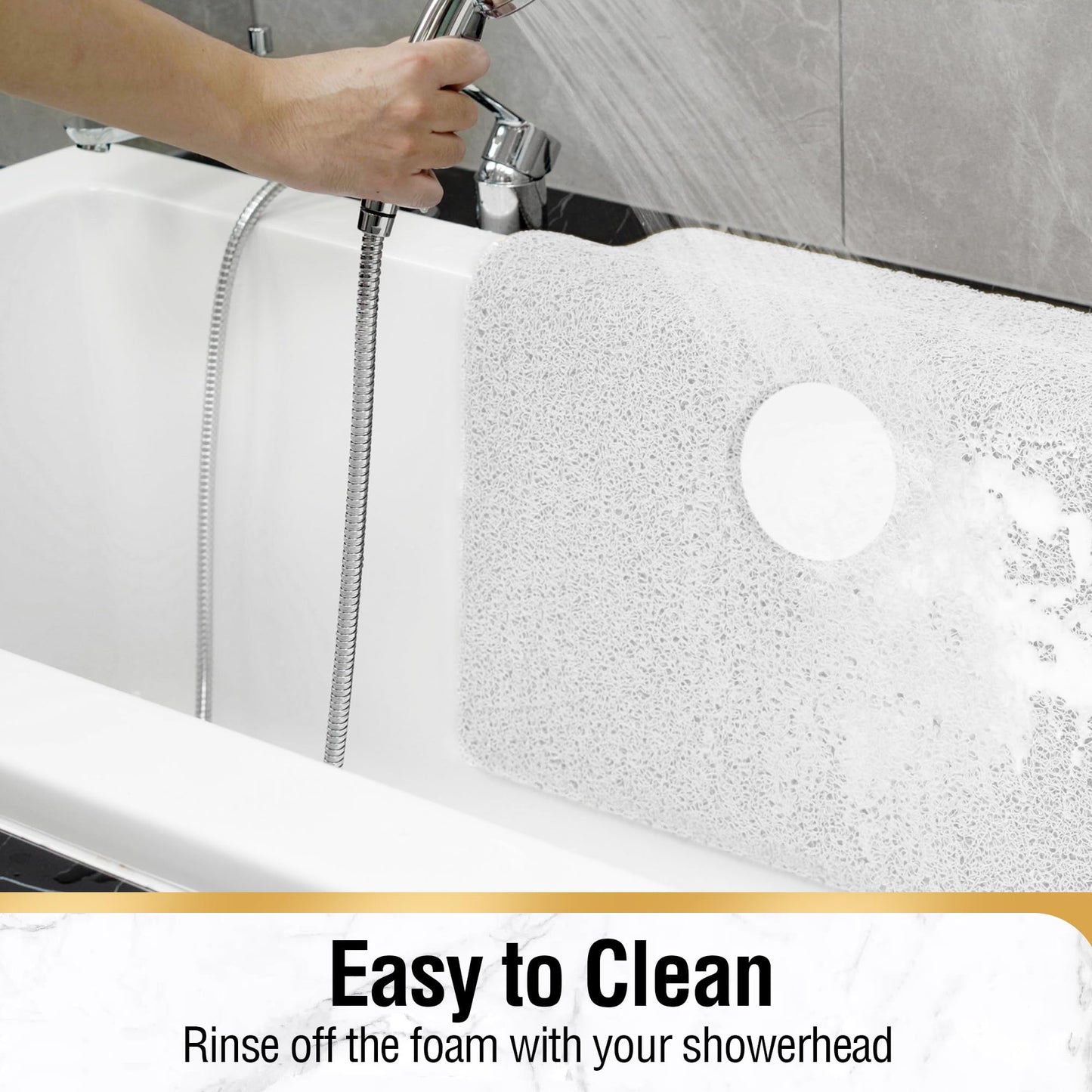 HITSLAM Shower Mat with Center Drain Hole, 24 x 16 Inch Non Slip Bath Mat for Textured Tub, Soft Loofah-Style Bathtub Mat Without Suction Cup, Quick Drying Stall Floor Mat, Bathroom Accessories, White