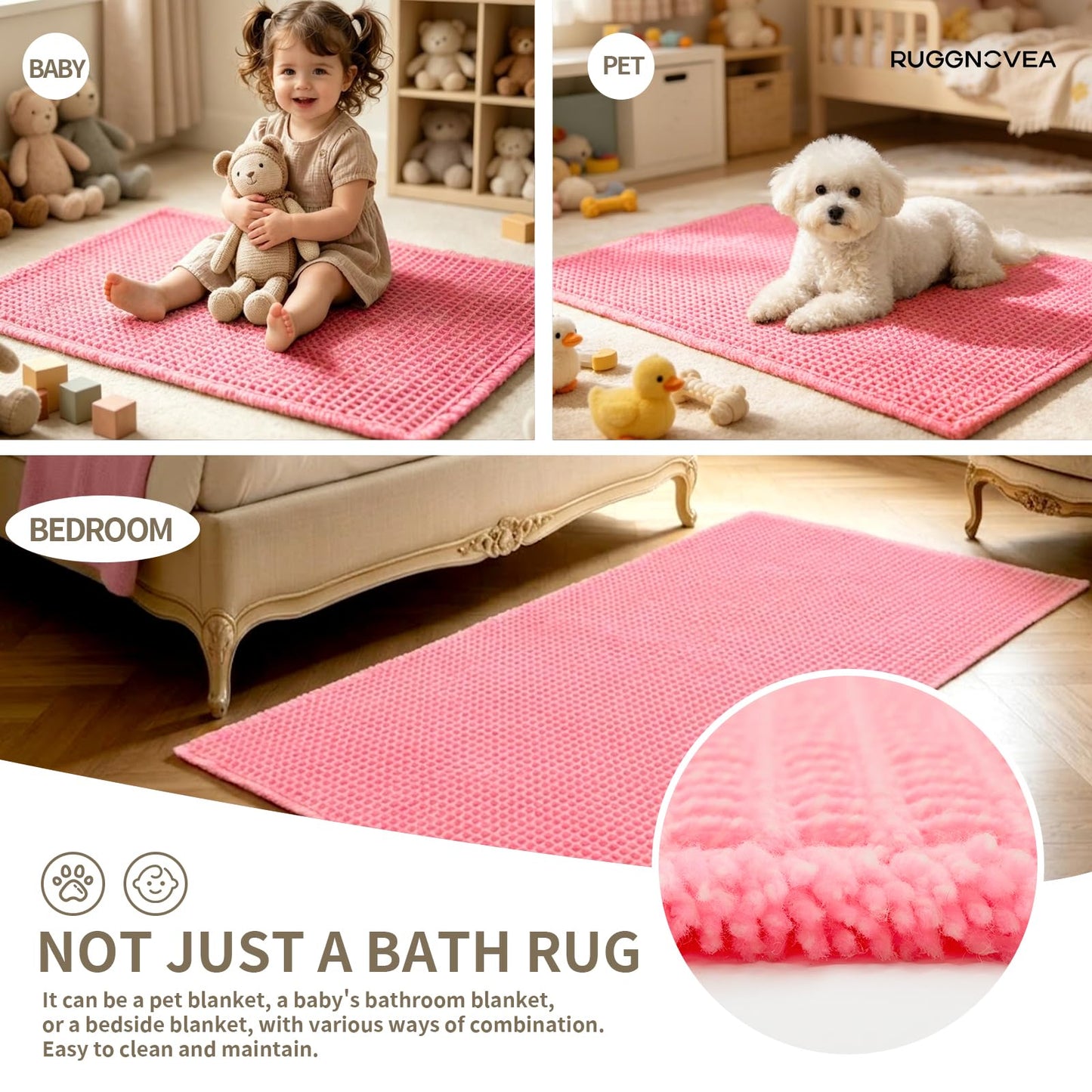 Ruggnovea Waffle Bath Mat Non Slip Washable 32x20, Super Absorbent Quick Dry Boho Bathroom Rugs with Tassels, High Density Non Slip Backing, Luxury Carpet for Tub&Shower, Pink
