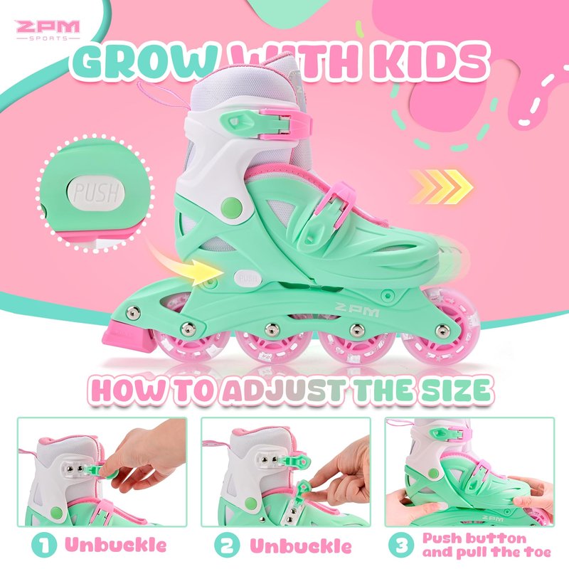 2PM SPORTS Inline Skates for Kids Ages 4-8 8-12 with Light Up Wheels, Adjustable Kids Roller Skates Blades for Youths Toddlers Beginners Indoor Outdoor - Green Large