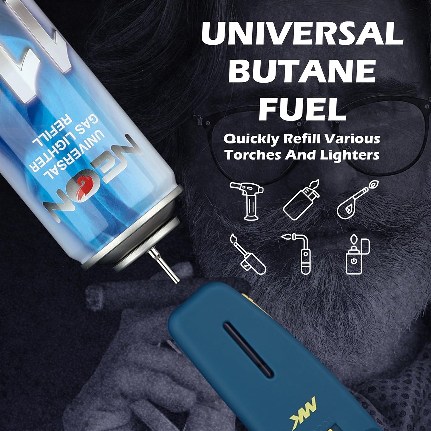 NEON Butane Refill, 11X Ultra-Refined Butane Fuel, 300ml Premium Lighter Fluid with Metal Nozzle & 5 Butane Gas Refill Adapters for Refillable Jet Flame Lighters, Torches, and Culinary Use, 12 Cans