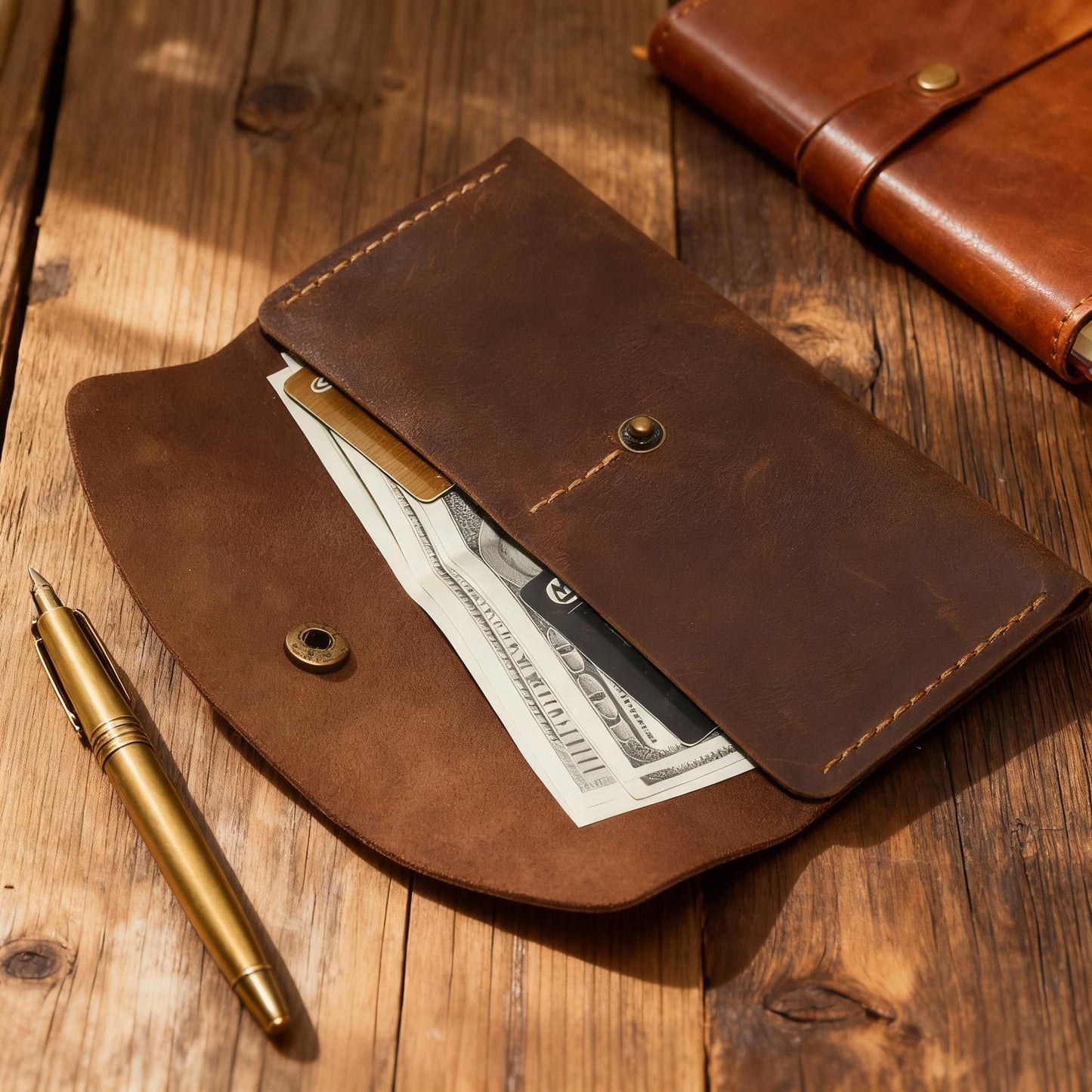 Handmade Crazy Horse Genuine Leather Envelope Wallet, Card Holder with 2 Card Slots Vintage Slim Hand-Stitched Wallet