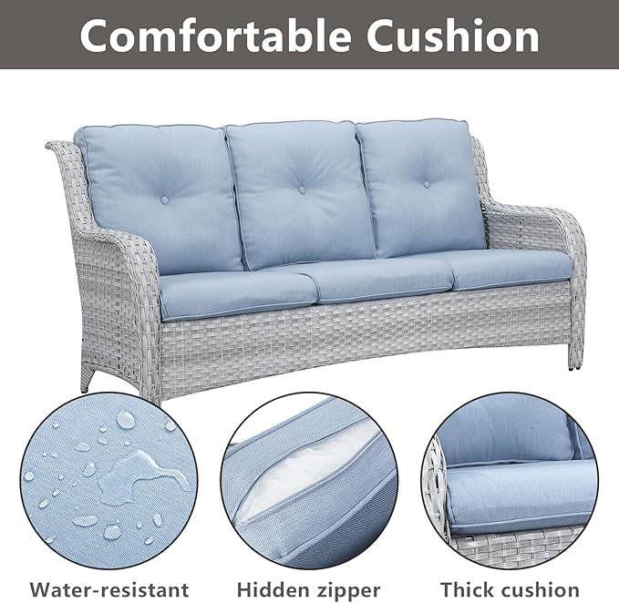 Patio Furniture Swivel Chairs Set - 8 Piece Wicker Rattan Outdoor Sectional Conversation Sets with 4 Swivel Rocking Chairs,2 Ottomans,1 Sofa and 1 Coffee Table for Porch Deck(Light Grey/Sky Blue)