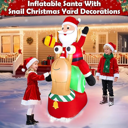 6 FT by 4.8 FT Christmas Inflatables Outdoor Decorations,Blow Up Santa Claus Riding Snail with Built-in LED Lights,Christmas Inflatables with Gift Box for Xmas Party Holiday Indoor Yard Lawn Garden