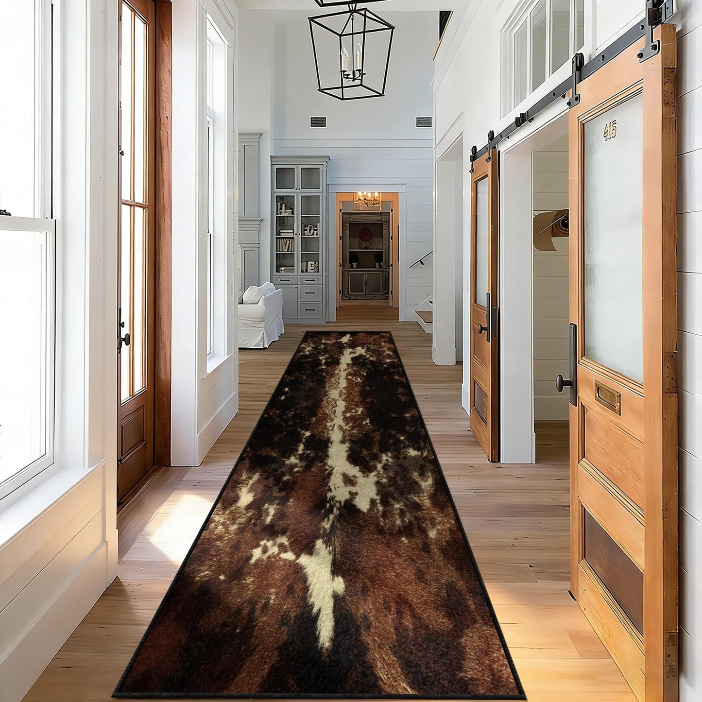 Bycmuoz Cowhide Runner Rug, 2x6ft, Western Faux Animal Hide Entryway Rug for Hallway Entryway, Non Slip Rustic Farmhouse Kitchen Runner, Washable Absorbent Carpet Brown