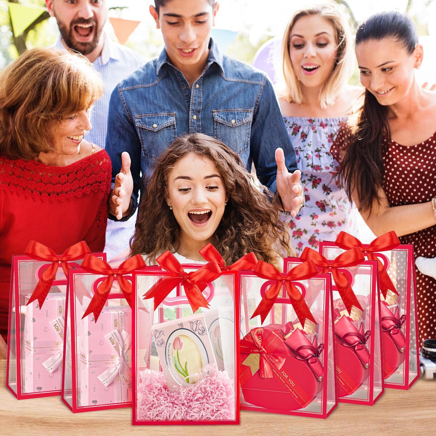 Ohuimrt Clear Plastic Gift Bags with Handles, 12 Pack, Red