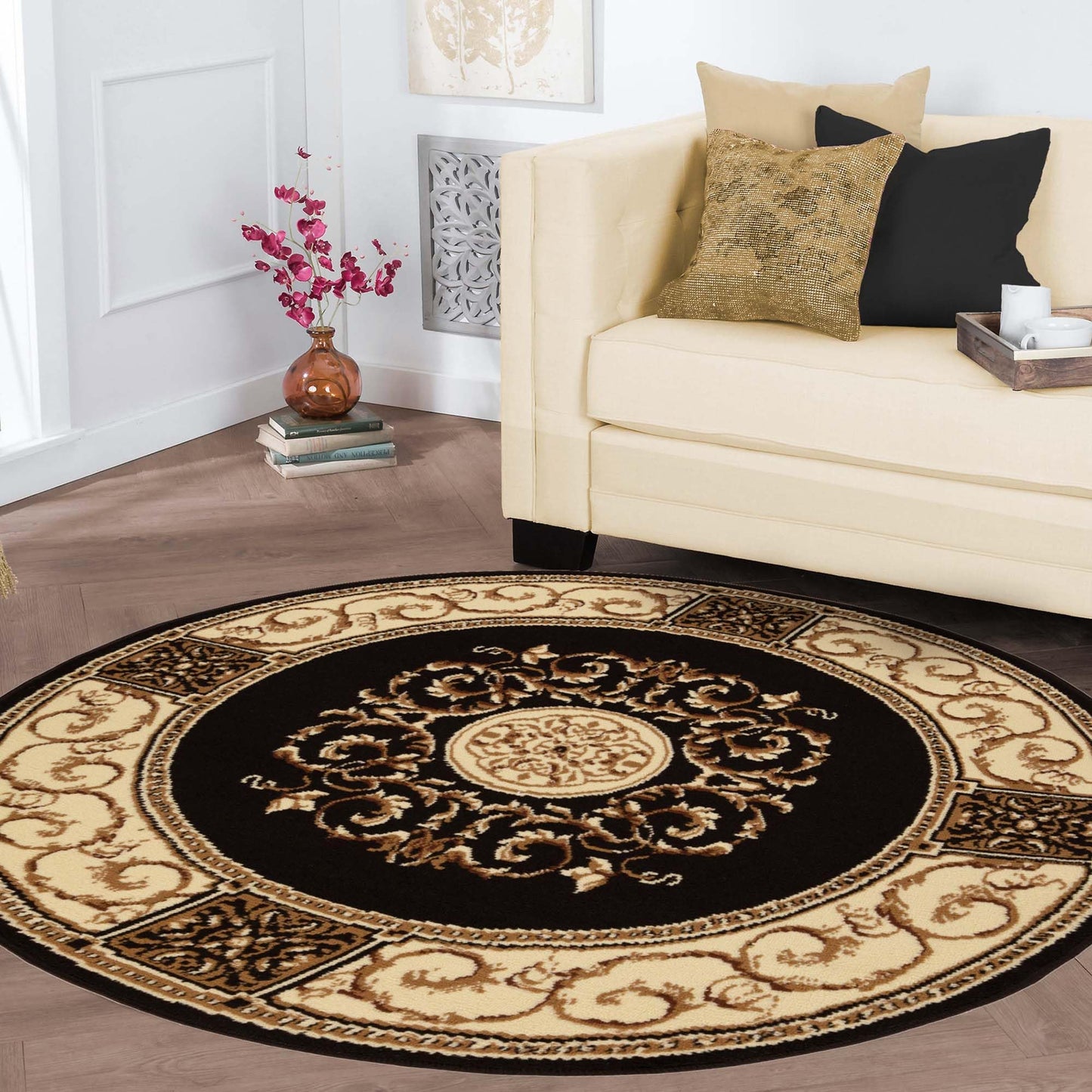 Superior Indoor Area Rug, Jute Backing, Plush Floral Rugs for Entryway, Living Room, Kitchen Floors, Bedroom, Office Floor Cover, Medallion Rugs, Elegant Medallion Collection, 5' Round, Coffee