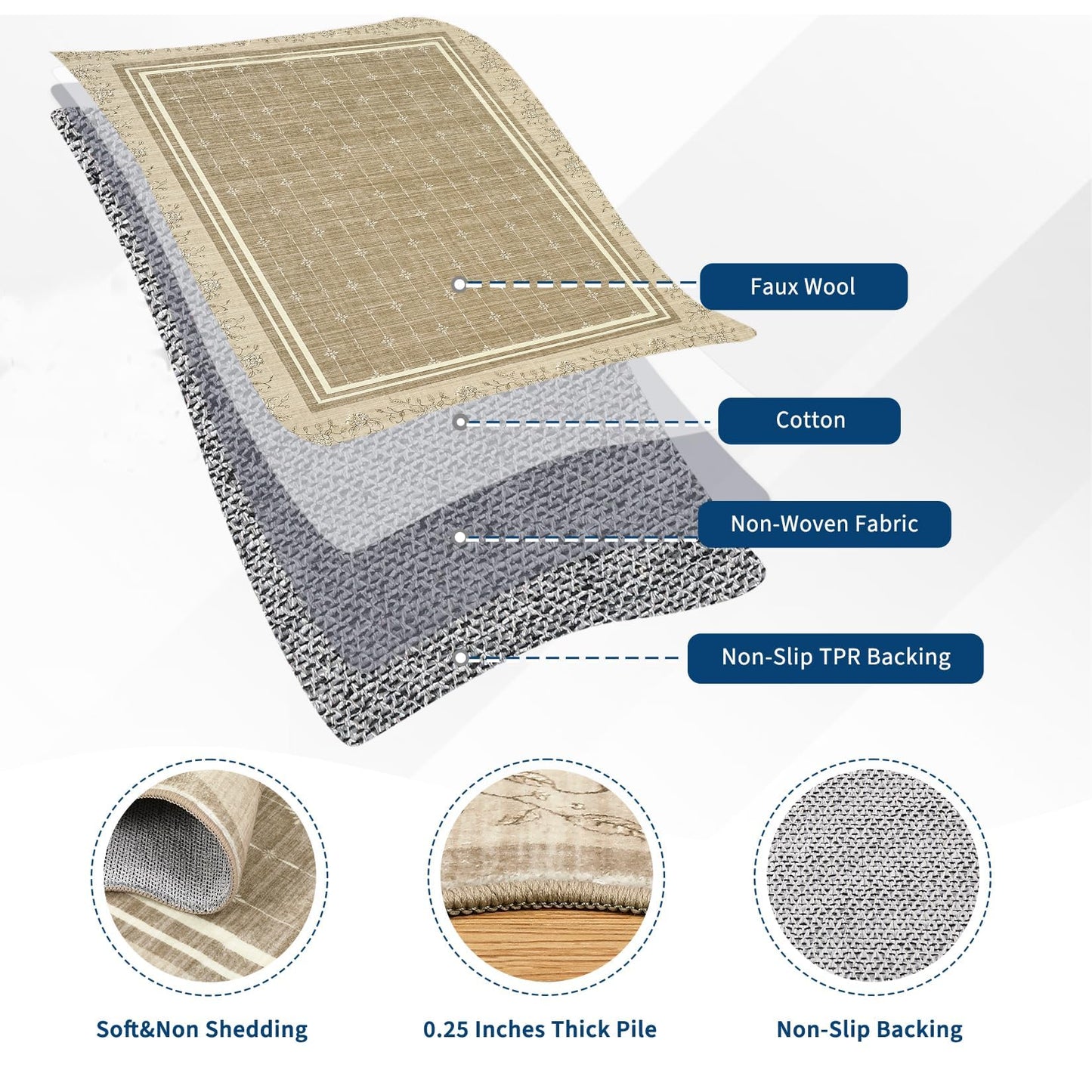 Garvee Washable Rugs for Living Room 8x10 Area Rugs for Bedroom Scalloped Rug Modern Bordered Non Slip Large Kids Bedroom Carpet Indoor Stain Resistant Floor Cover for Dining Room Office Nursery Camel
