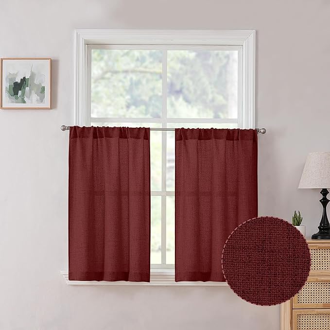 Tollpiz Linen Tier Curtain Rod Pocket Semi Sheer Half Kitchen Curtains Burlap Light Filtering Thick Linen Drape for Bathroom, 30 x 36 inches Long, Burgundy Red, Set of 2 Panels