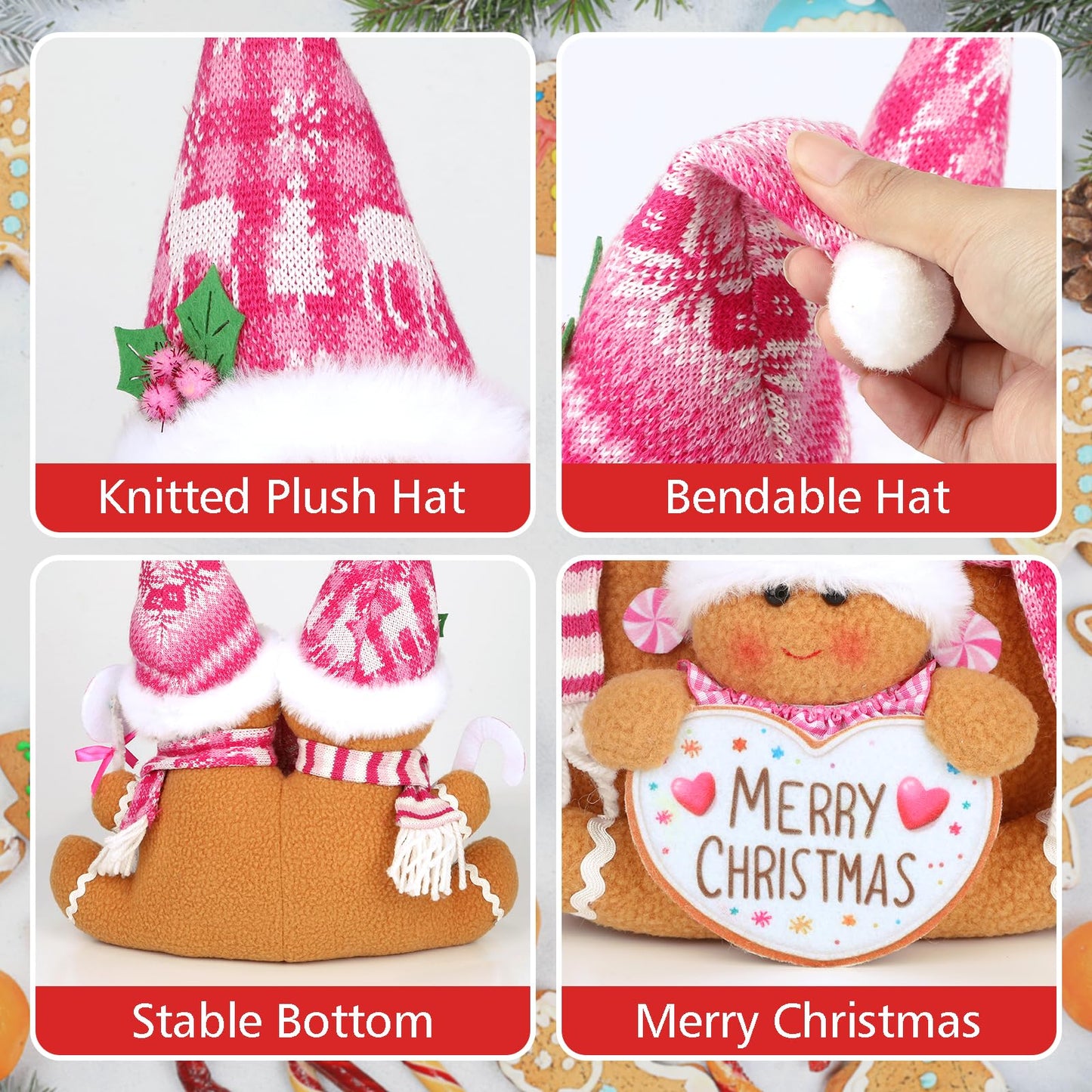 HMASYO Pink Gingerbread Family Christmas Gnome Decoration, 14 Inch Plush Gingerbread Candy Christmas Stuff Figurines for Home Fireplace Window Tabletop Tiered Tray Holiday Xmas Decor (Pink)