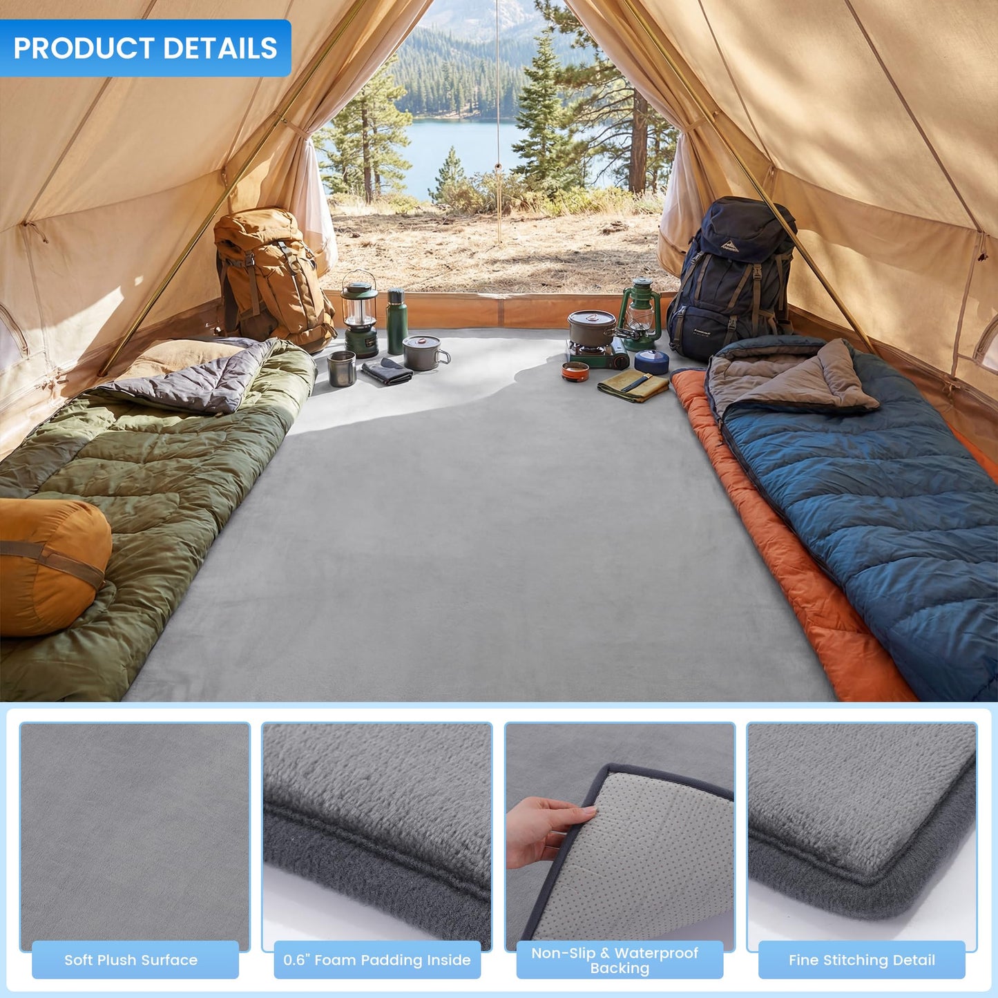 MABOZOO Waterproof Liner Tent Carpet Mat, 0.6'' High-Density Foam Camping Floor Rug with Non-Slip Bottom, Insulated Ground Mat for Tent Protection (5'*6',Gray)