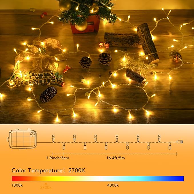 2 Pack 16.5Ft 100 LED Fairy Lights Battery Powered, Outdoor Waterproof Warm White String Lights with Remote, Dimmable Twinkle Lights for Bedroom Wedding Party Classroom Tree Christmas Decoration