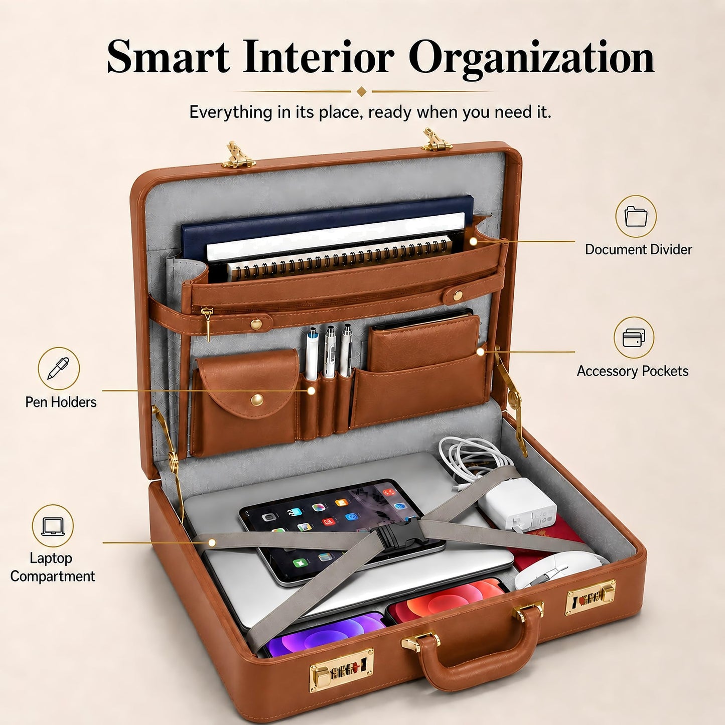 HAESTUS Briefcases for Men, Professional Leather Briefcase with Lock, Hard Shell Business Brief Case, Attache Case for 15.6" Laptop, Men's Hard Briefcase for Work Office Travel, Brown | Dual Lock