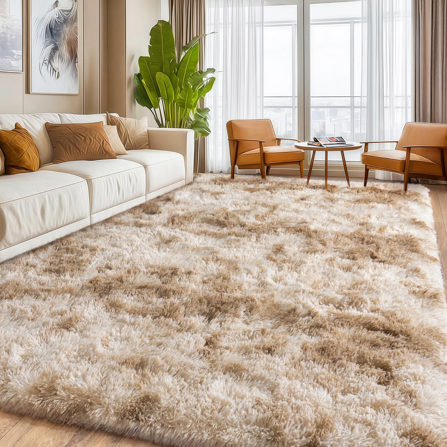 Upgrade Non-Slip Plush Rugs for Living Room, Soft Shaggy Carpets for Living Room, Fuzzy Rugs for Kids' Room, Perfect Decor for Modern Home Tie Dye Camel 6x9 Feet