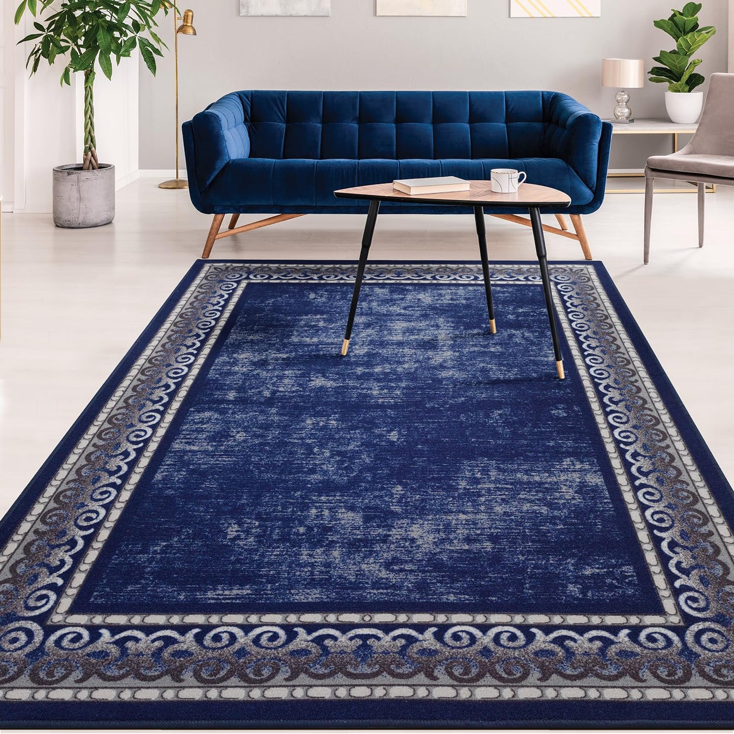 Antep Rugs Alfombras Bordered Modern 8x10 Non-Slip (Non-Skid) Low Pile Rubber Backing Indoor Area Rug (Navy, 7'10" x 10')