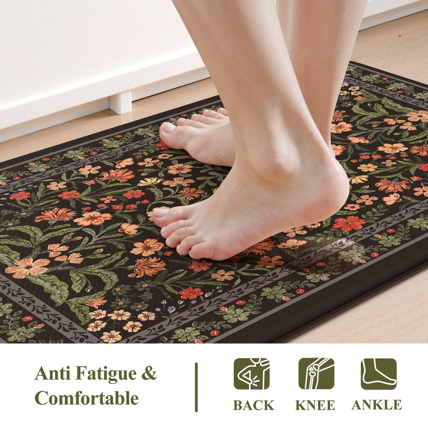 Collive Anti Fatigue Mat for Kitchen Floor, Waterproof Cushioned Sink Mats Non Slip Floral Kitchen Rugs Set of 2, Black Comfort Modern Standing Rug for Office, Laundry, Desk, 17"x30"+17"x47"