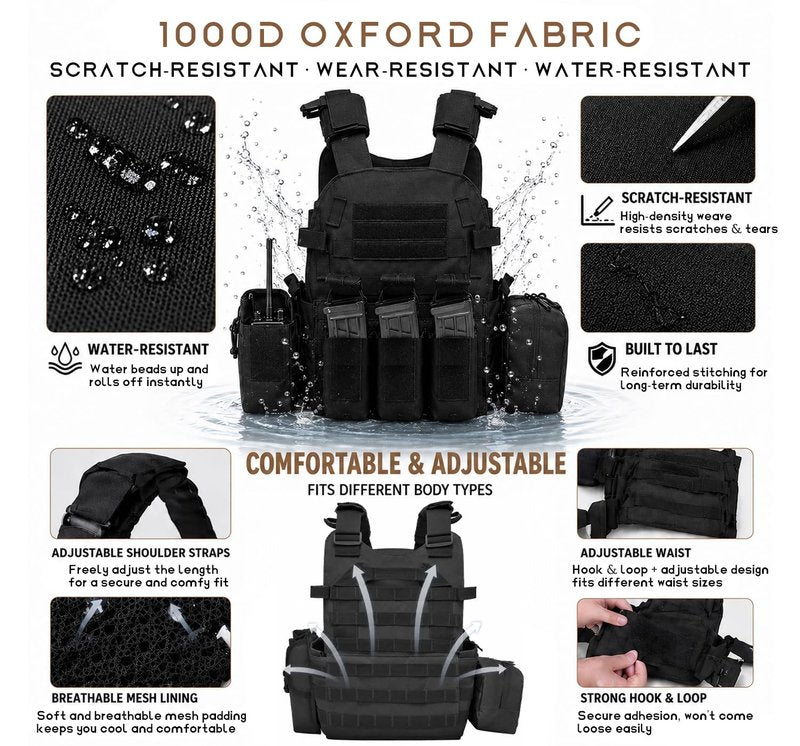 Veasunverse Tactical Vest for Airsoft & Paintball, Adjustable MOLLE Plate Carrier with Patch Panels for Hunting & Outdoor Training(Black)