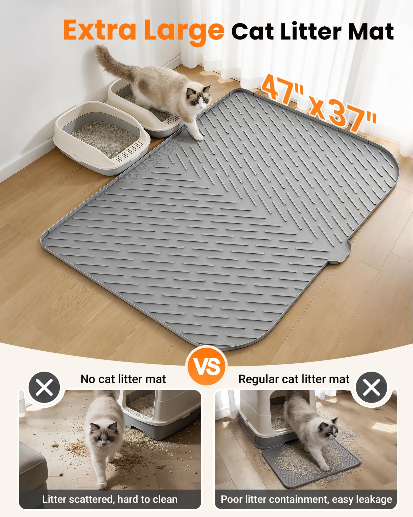 Vacqueen Cat Litter Box Mat, 47" x 37" Extra Large Cat Litter Mat, Silicone Waterproof Litter Trapping Mat for Scatter Control Soft on Kitty Paws Non-Slip Easy to Clean (Grey)