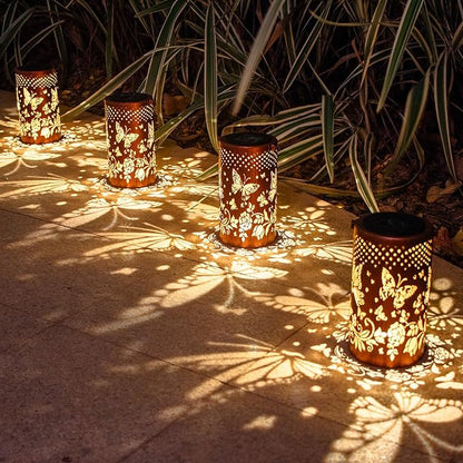 2 Pack Butterfly Birthday Gifts for Women Mom Grandma Solar Lanterns Outdoor Waterproof Garden Decor Metal Hanging LED Decorative Light for Patio Yard Lawn Backyard Front Porch Gardening Gifts