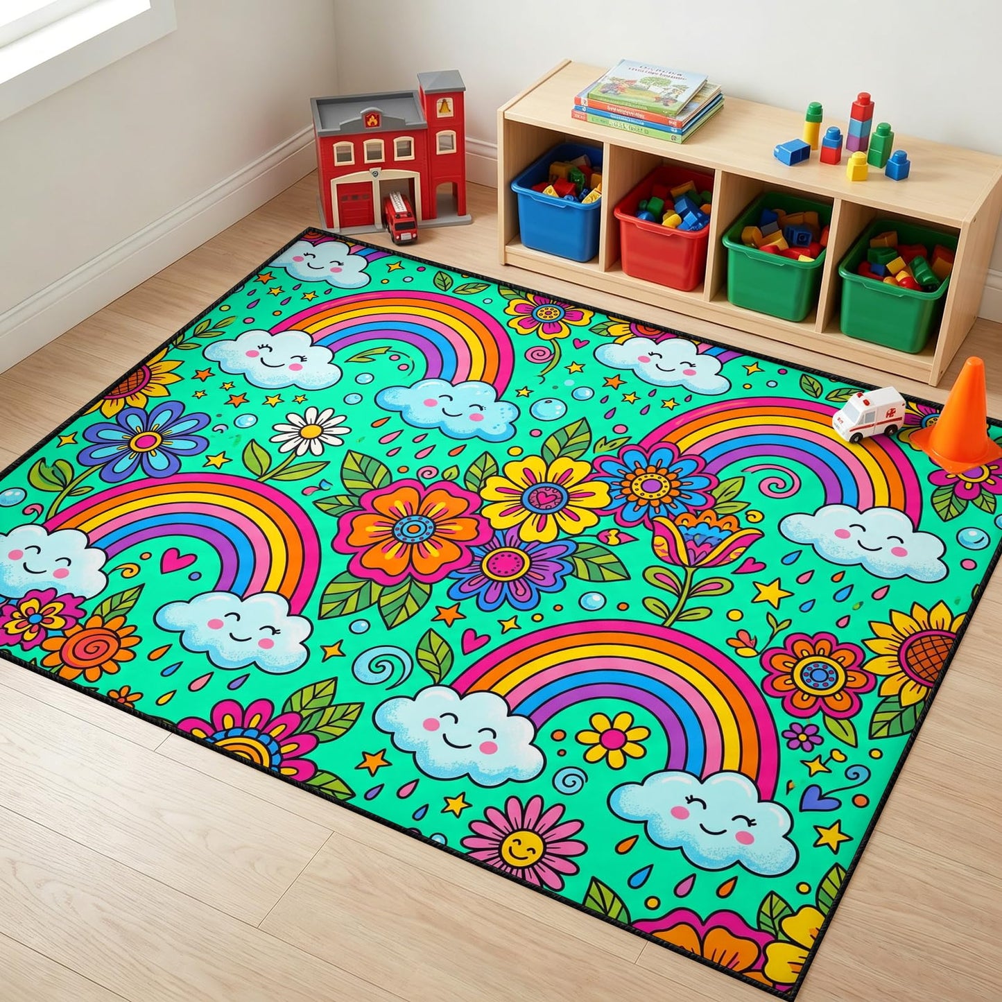 Qorauhy Kids Rainbow Rug for Girls Bedroom 5x8 Cute Cloud Rainbow Area Rug