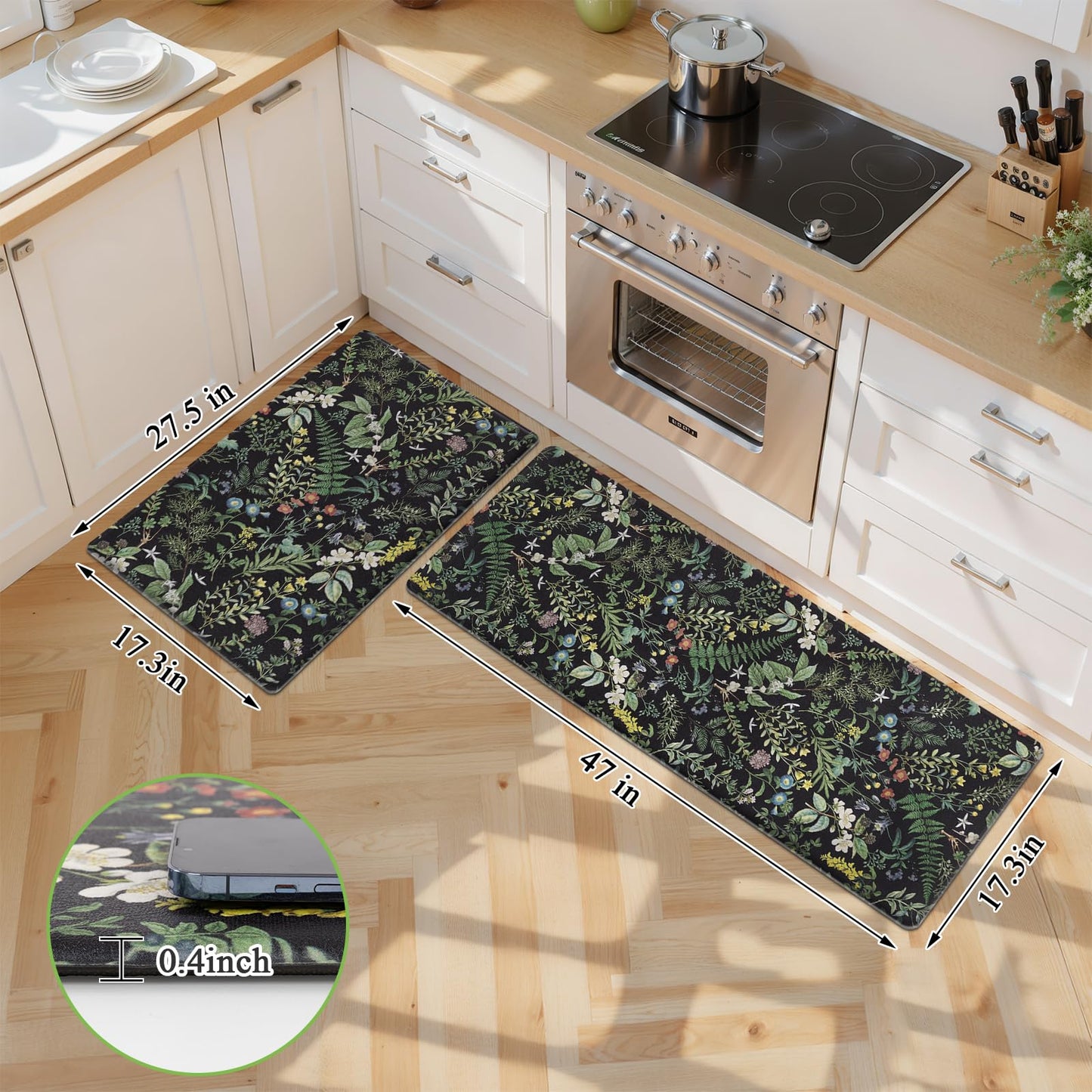 SHACOS Botanical Kitchen Rugs Set of 2, 17x27.5+17x47 inch