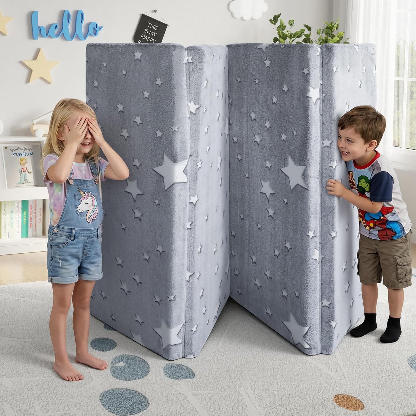 MeMoreCool Foldable Kids Floor Mattress, Play Mat Muscle Mat Large 6x4 FT, Thicken Foam Tatami Futon Mattress for Children Play Area, Sleeping Crawling Pad for Playroom, Grey Star