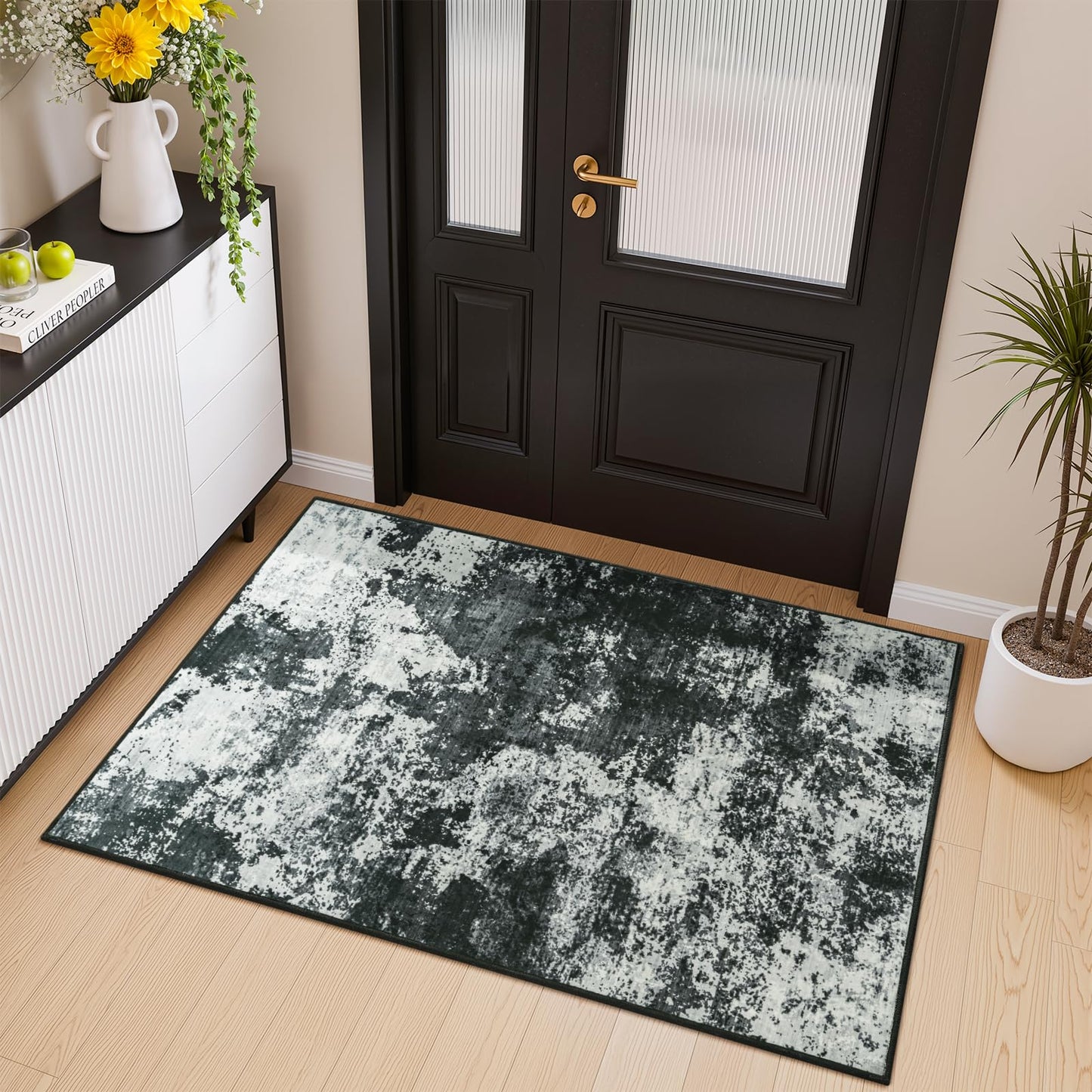 Merelax 2x3 Black Entryway Washable Area Rug, Kitchen Bedroom Entrance Small Area Rugs, Non Slip Bathroom Throw Rugs, Front Door Indoor Door Mat, Modern Abstract Carpet