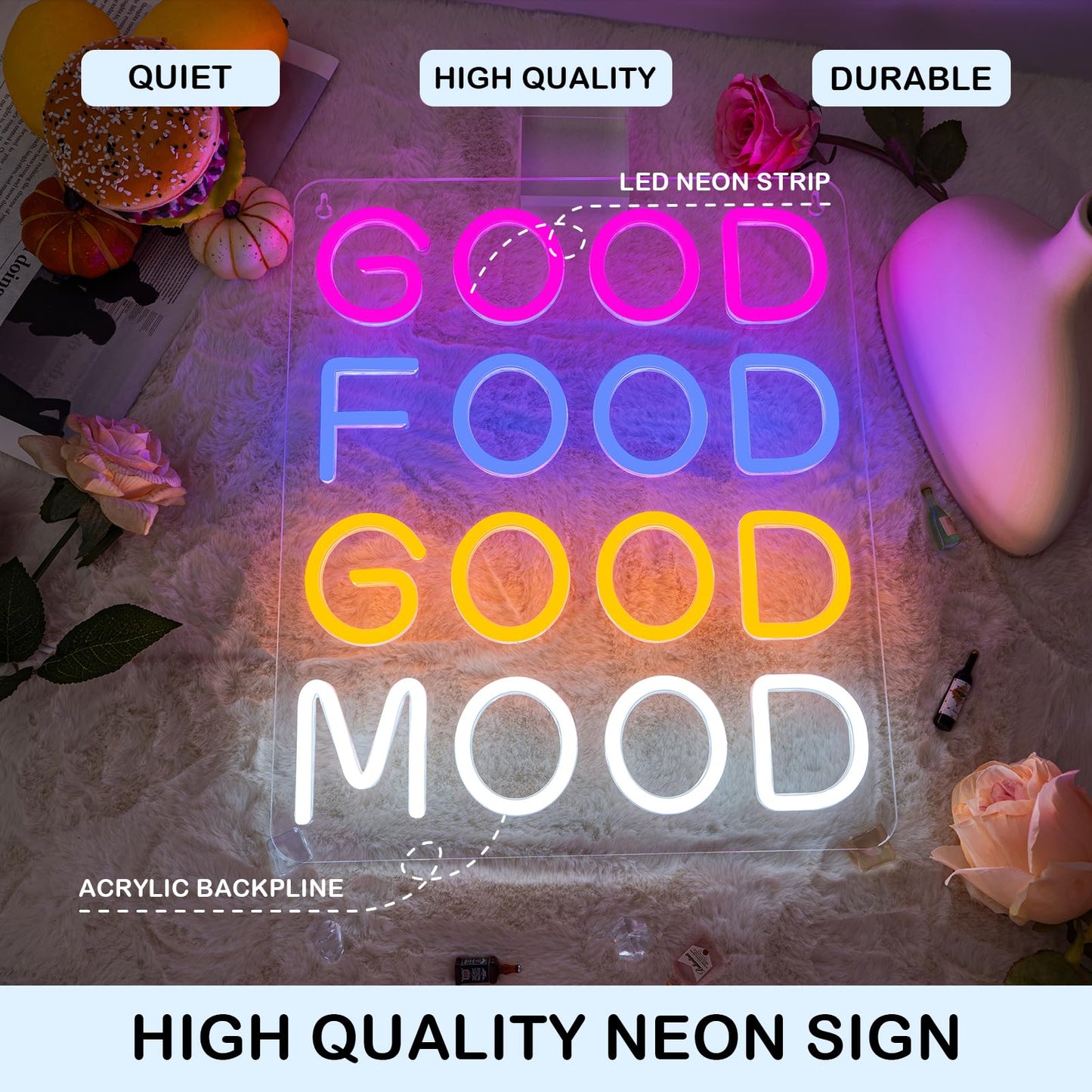 Horseneon Good Food Good Mood Neon LED Sign, Food Neon Signs for Wall Decor, Good Food Good Mood Neon Light with USB Powered for Snack Shop, Restaurant, Fast Food