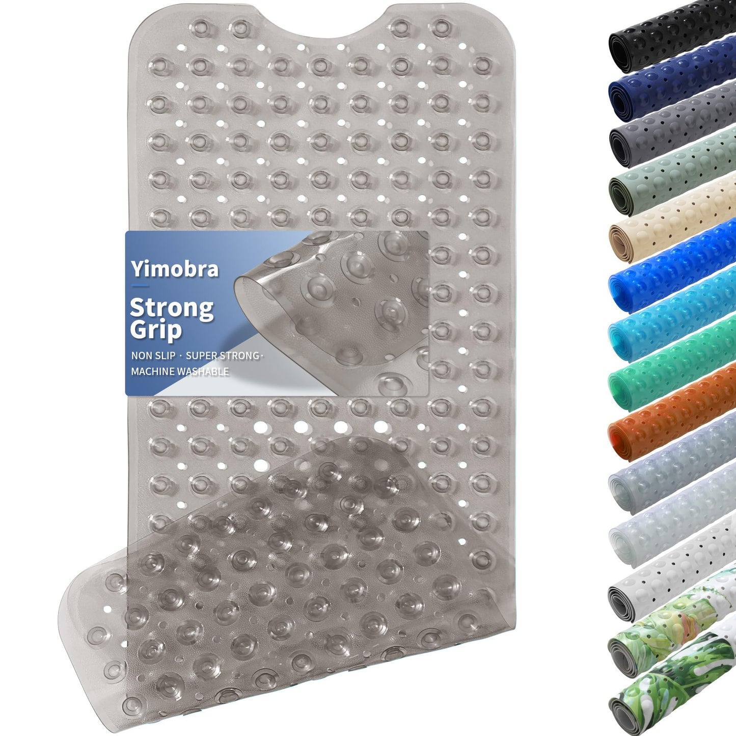 Yimobra Non Slip Bathtub Mat 40 x 16 Inch, Extra Long Shower Mat with Drain Holes, Machine Washable Baby Bath Mats, Strong Suction Cups for Bathroom Floor, Clear Grey