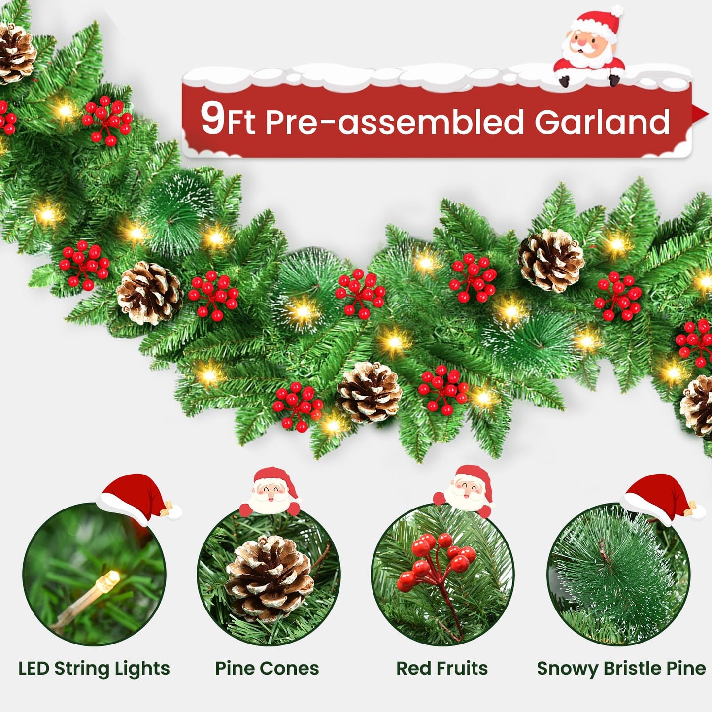 Christmas Garland, JTSIOV 9ft Artificial Christmas Tree Garland with 9ft Lights, Pine Cones, Red Berries, Branch Tips, Waterproof Christmas Decoration for Stairs, Fireplace, Door, Xmas Trees, Garden