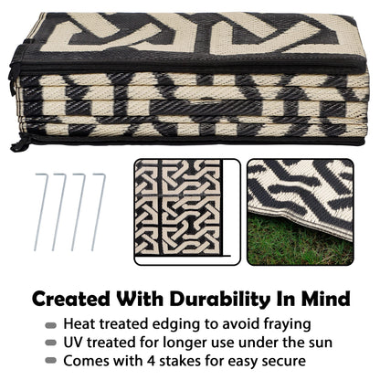 SAND MINE Reversible Mats, Plastic Straw Rug, Modern Area Rug, Large Floor Mat and Rug for Outdoors, RV, Patio, Backyard, Deck, Picnic, Beach, Camping, Trailer, Black & Beige, 9' x 12'