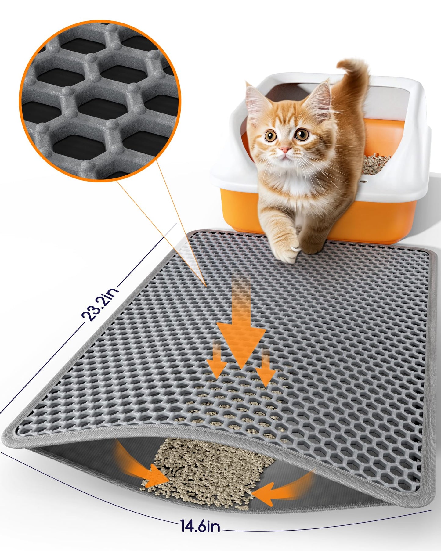 Powools Cat Litter Mat - 23.2" x 14.6" Small Litter Box Mat with Double Layers, Urine-Proof and Non-Slip Litter Trapping Mat, Easy to Clean Kitty Litter Mats for Floor, Scatter Control, Grey