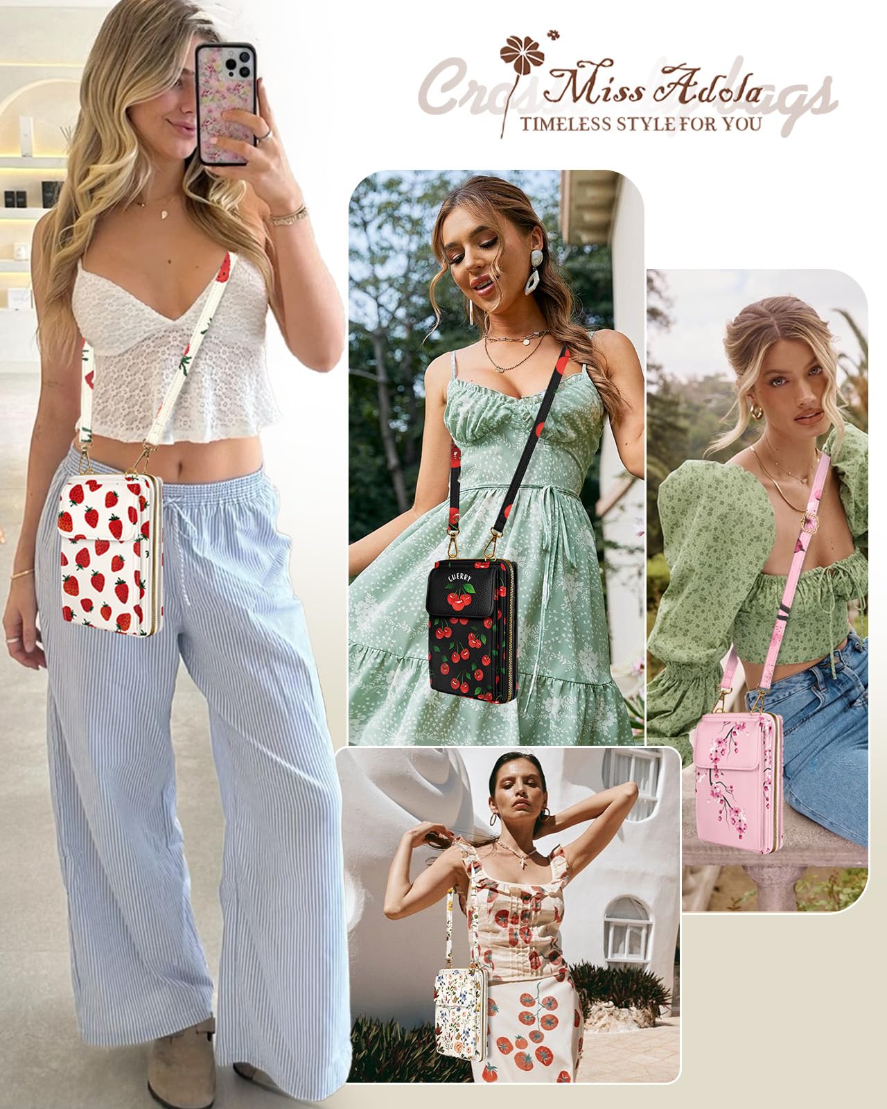 Miss Adola Cute Small Crossbody Purse Cell Phone Bags for Women - Leather Cellphone Wallet Purse with Adjustable Shoulder Rope and Wallet Card Slots, Peach Blossom